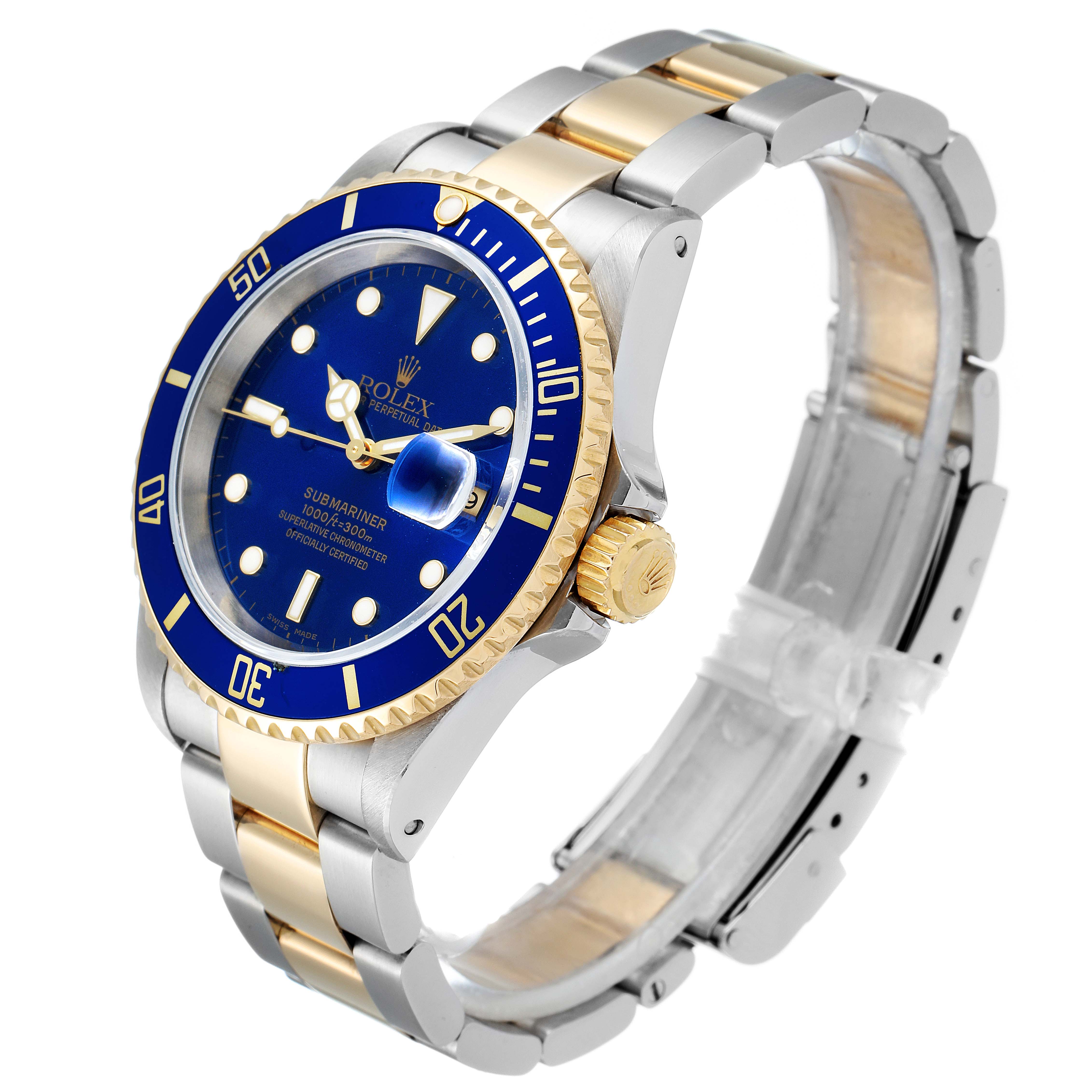 The Rolex Submariner 16613 Men
s Steel and Gold (two tone) Blue Dial 16613 Men
s Steel and Gold (two tone) Blue Dial watch is shown at an angle highlighting the dial, bezel, crown, and two-tone bracelet.