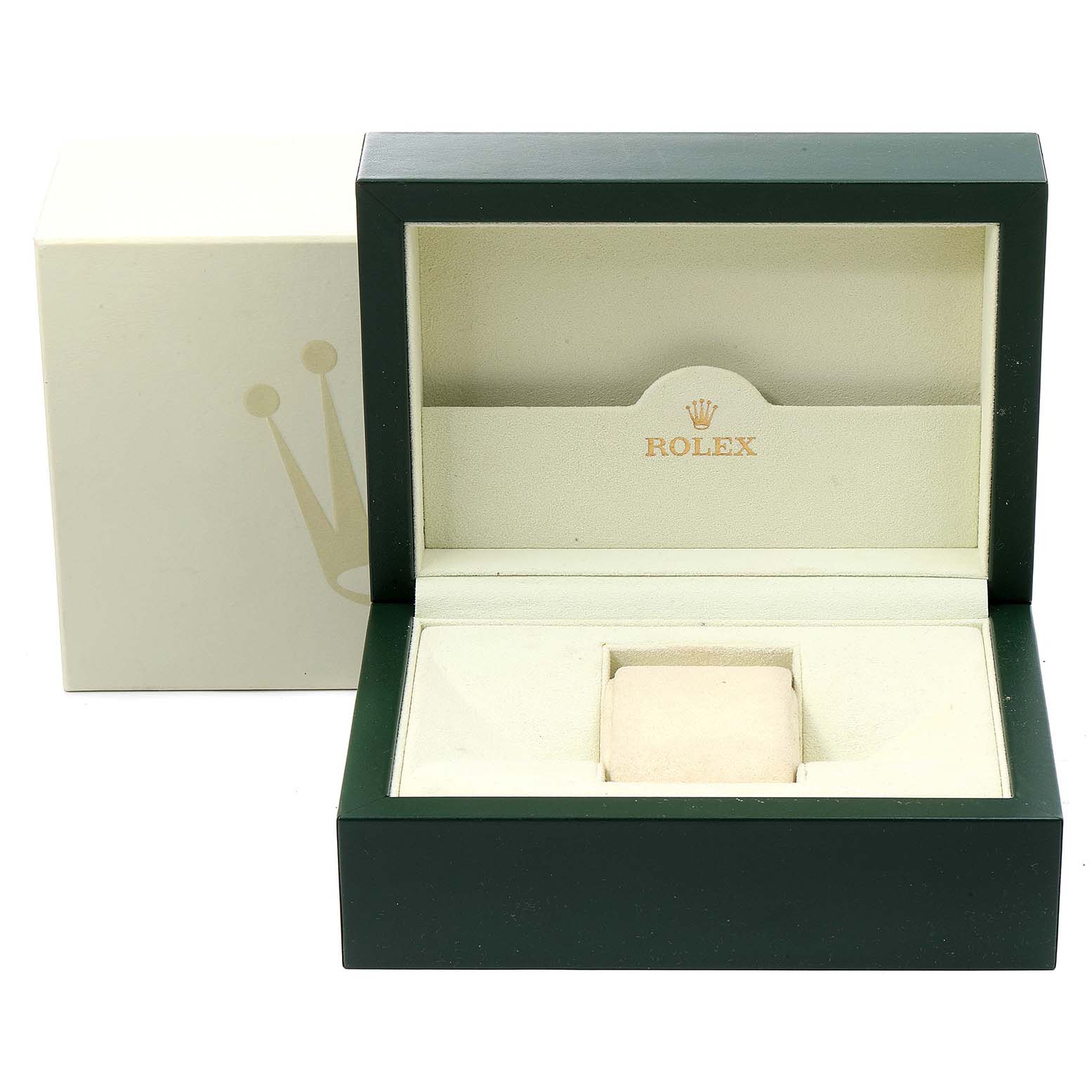 The image shows an open green Rolex Submariner 16613 Men
s Steel and Gold (two tone) Blue Dial 16613 Men
s Steel and Gold (two tone) Blue Dial watch box with the brand logo inside the lid.