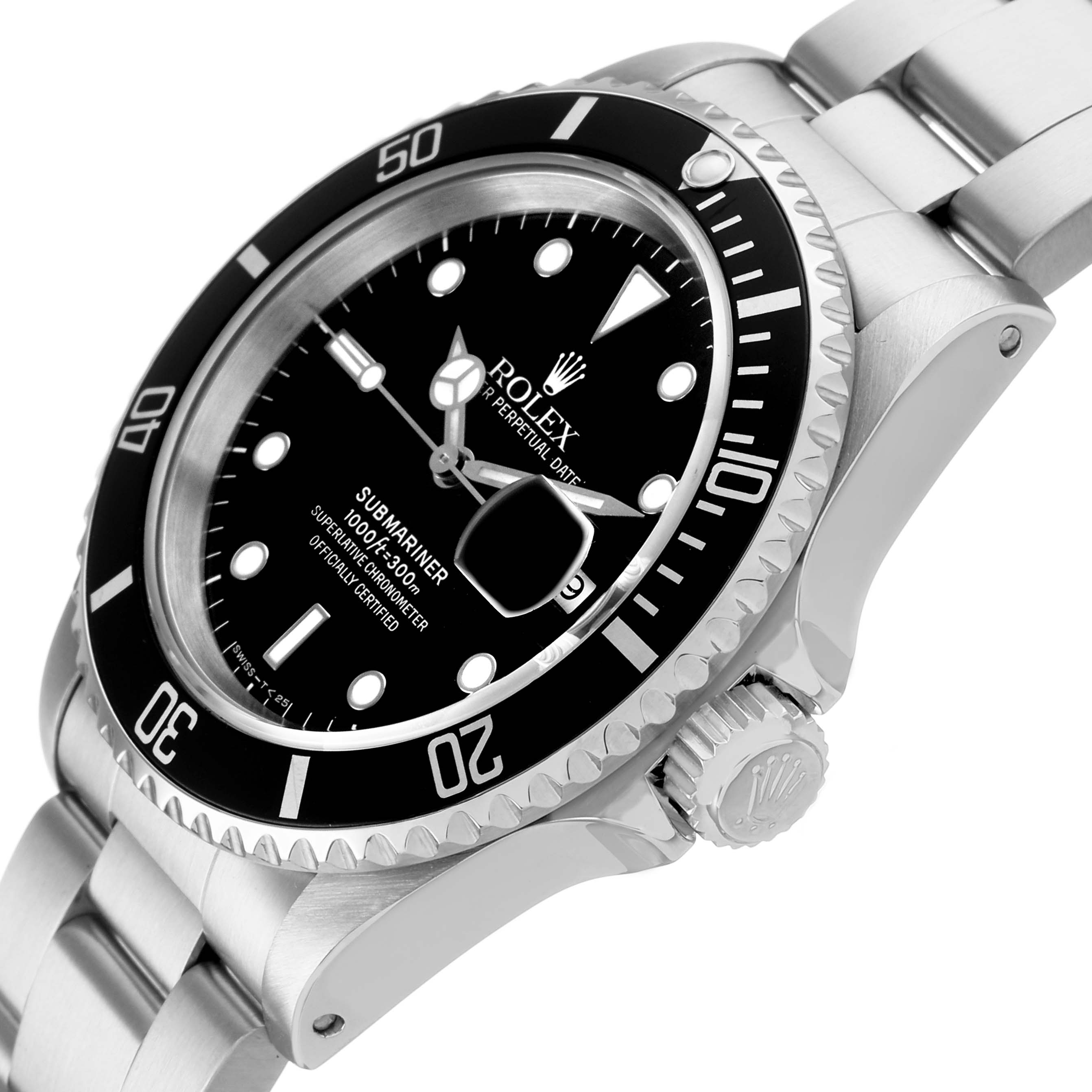 The Rolex Submariner 16610 Men's Stainless Steel Black Dial watch is shown at an angle highlighting the bezel, dial, crown, and part of the bracelet.