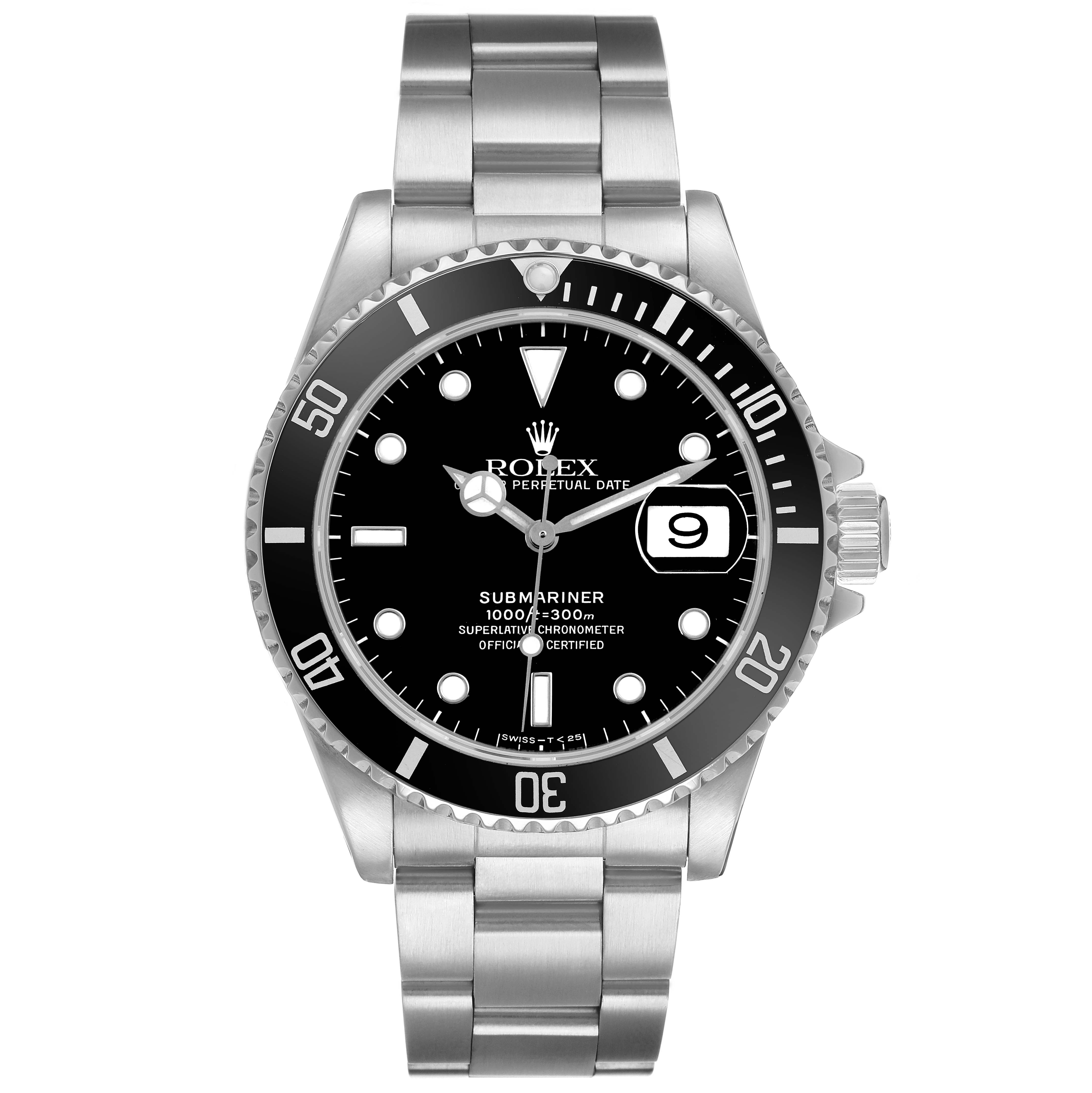 The Rolex Submariner 16610 Men's Stainless Steel Black Dial watch is shown front-facing, highlighting the dial, bezel, bracelet, and crown.