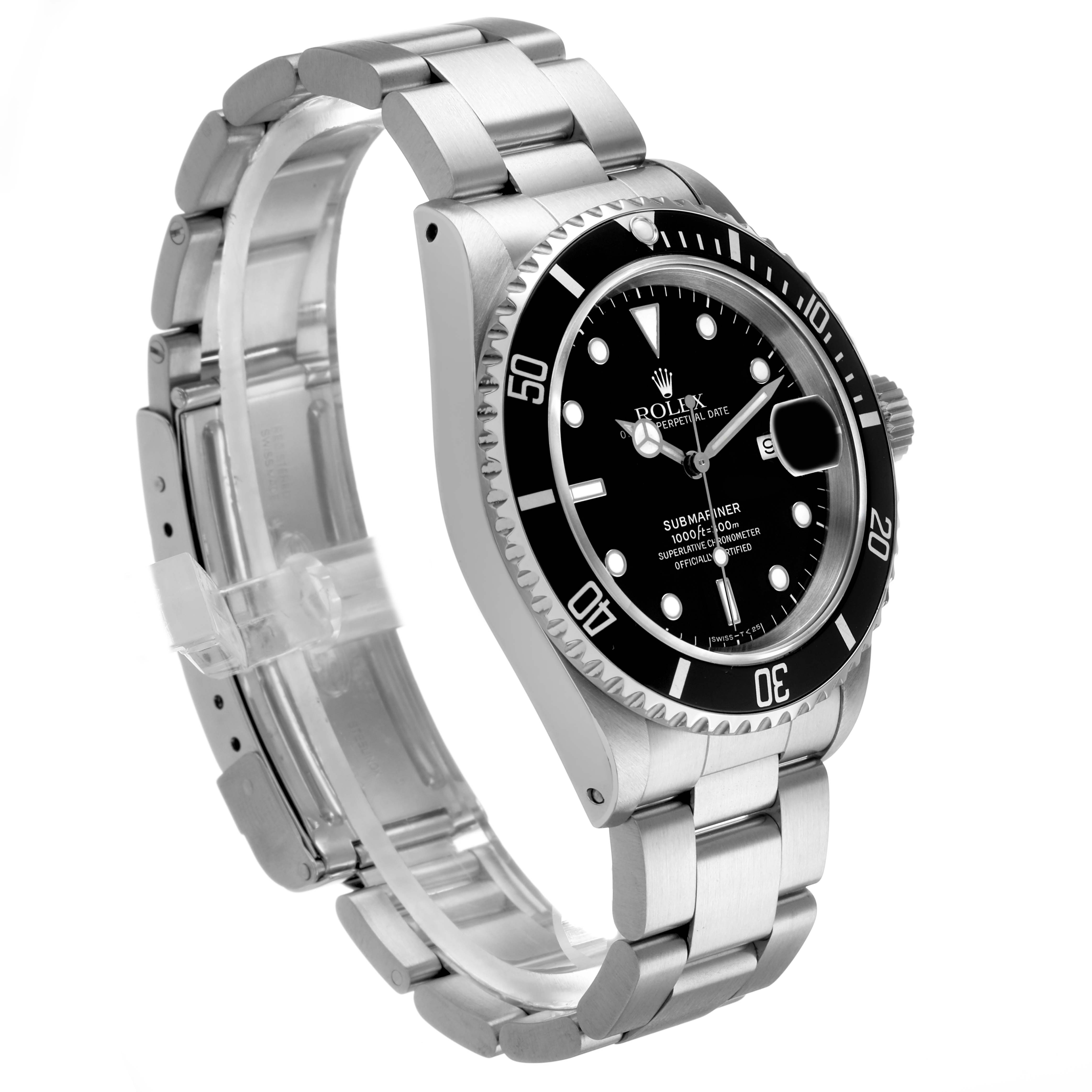 The Rolex Submariner 16610 Men's Stainless Steel Black Dial watch is angled from the side, showcasing the bracelet, bezel, dial, and crown.
