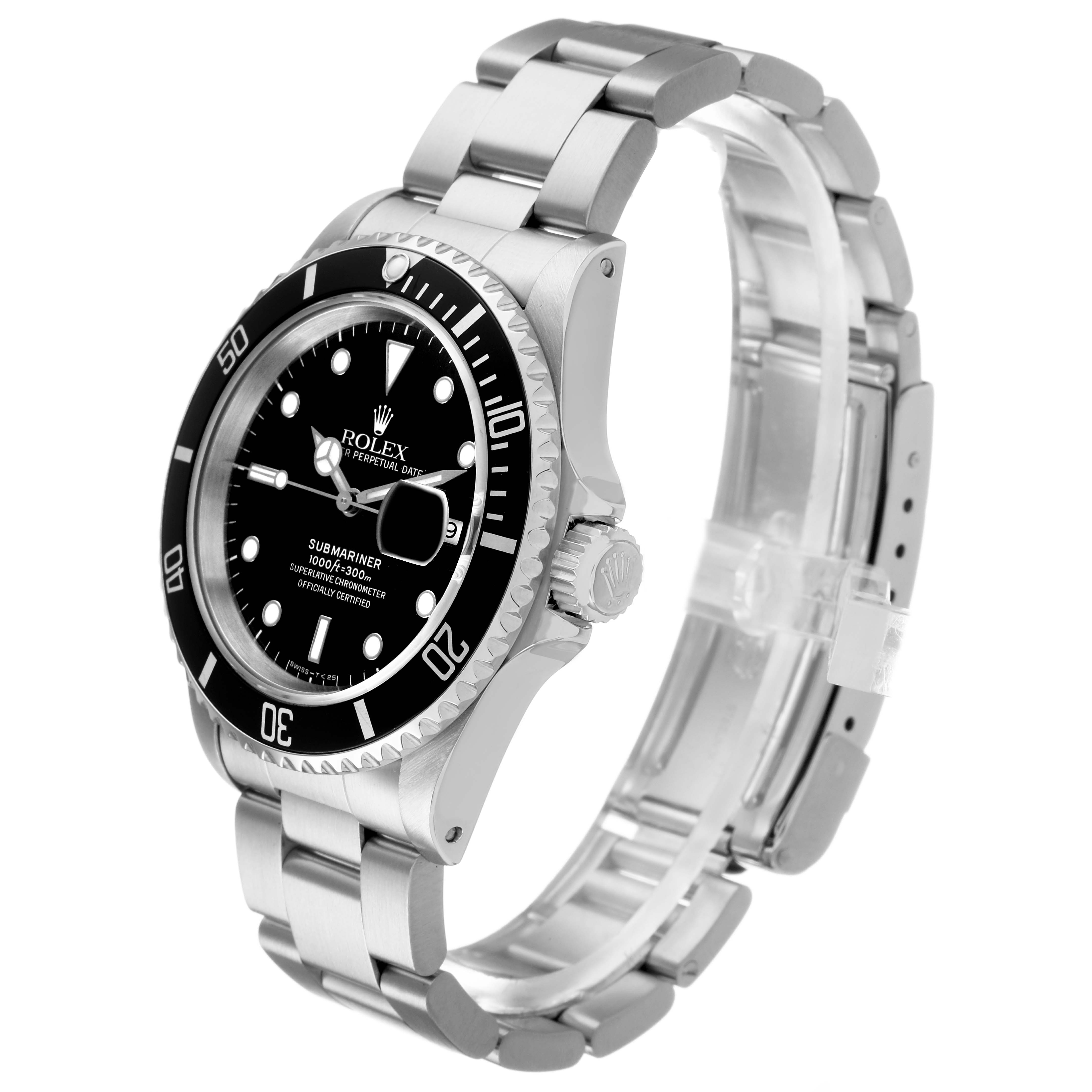 The Rolex Submariner 16610 Men's Stainless Steel Black Dial watch is shown at a three-quarter angle, highlighting its face, bezel, crown, and bracelet.