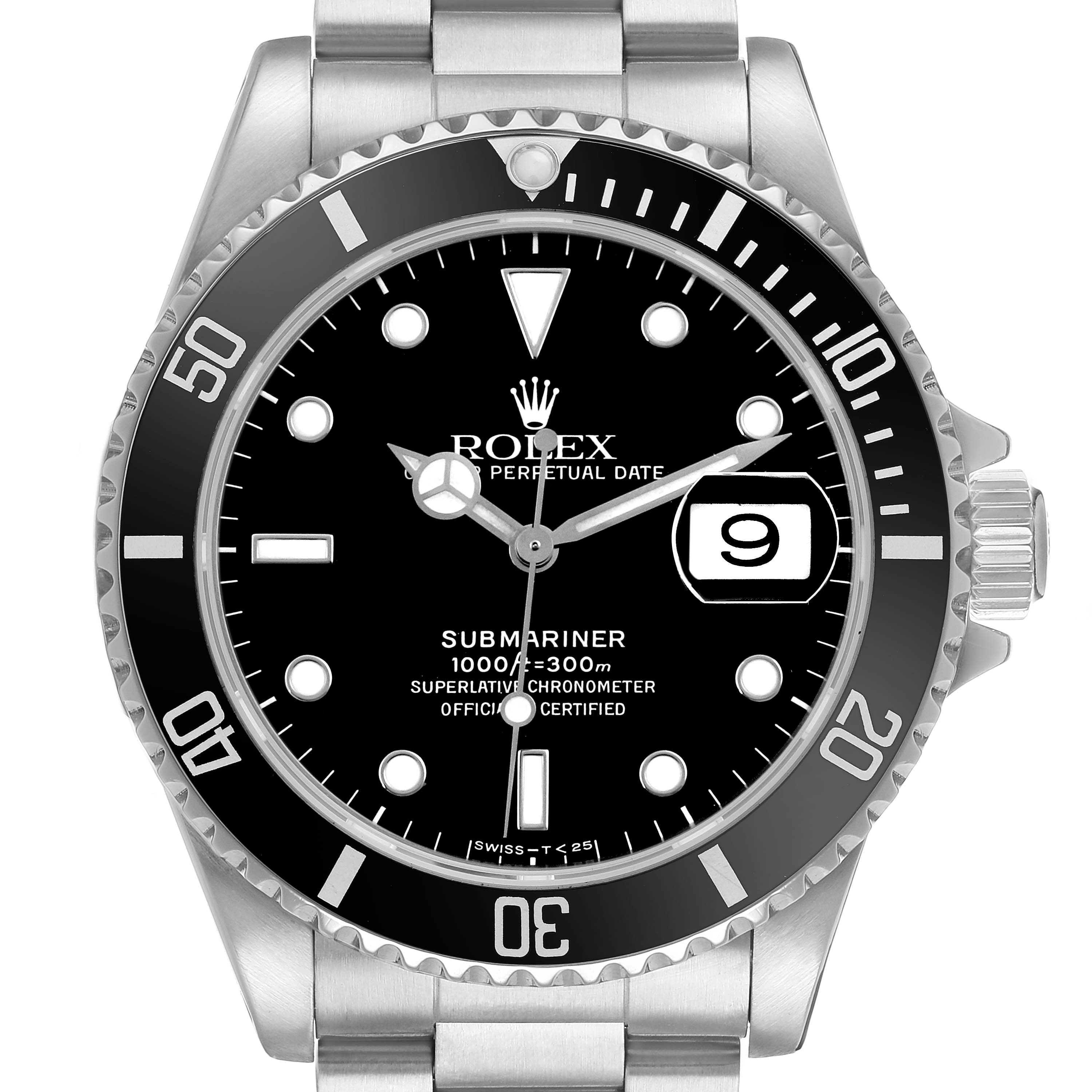 The Rolex Submariner 16610 Men's Stainless Steel Black Dial watch is shown from the front, displaying the dial, bezel, and crown.