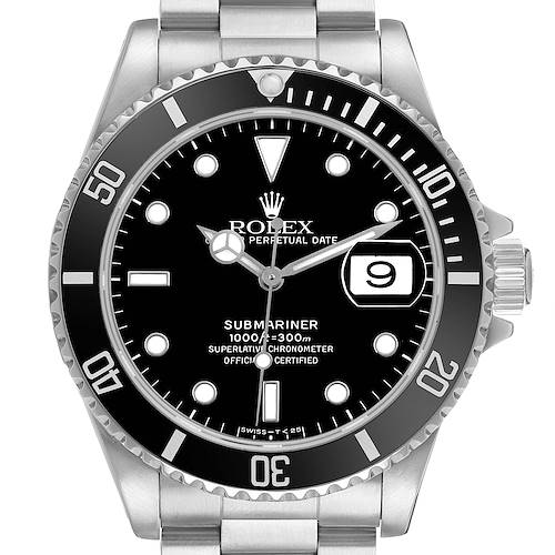 The Rolex Submariner 16610 Men's Stainless Steel Black Dial watch is shown from a front angle displaying the bezel, dial, hands, and date magnifier.