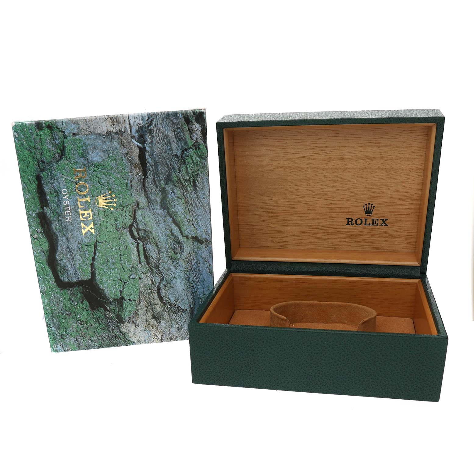 The image shows an open Rolex Submariner 16610 Men's Stainless Steel Black Dial box and its decorative exterior packaging.