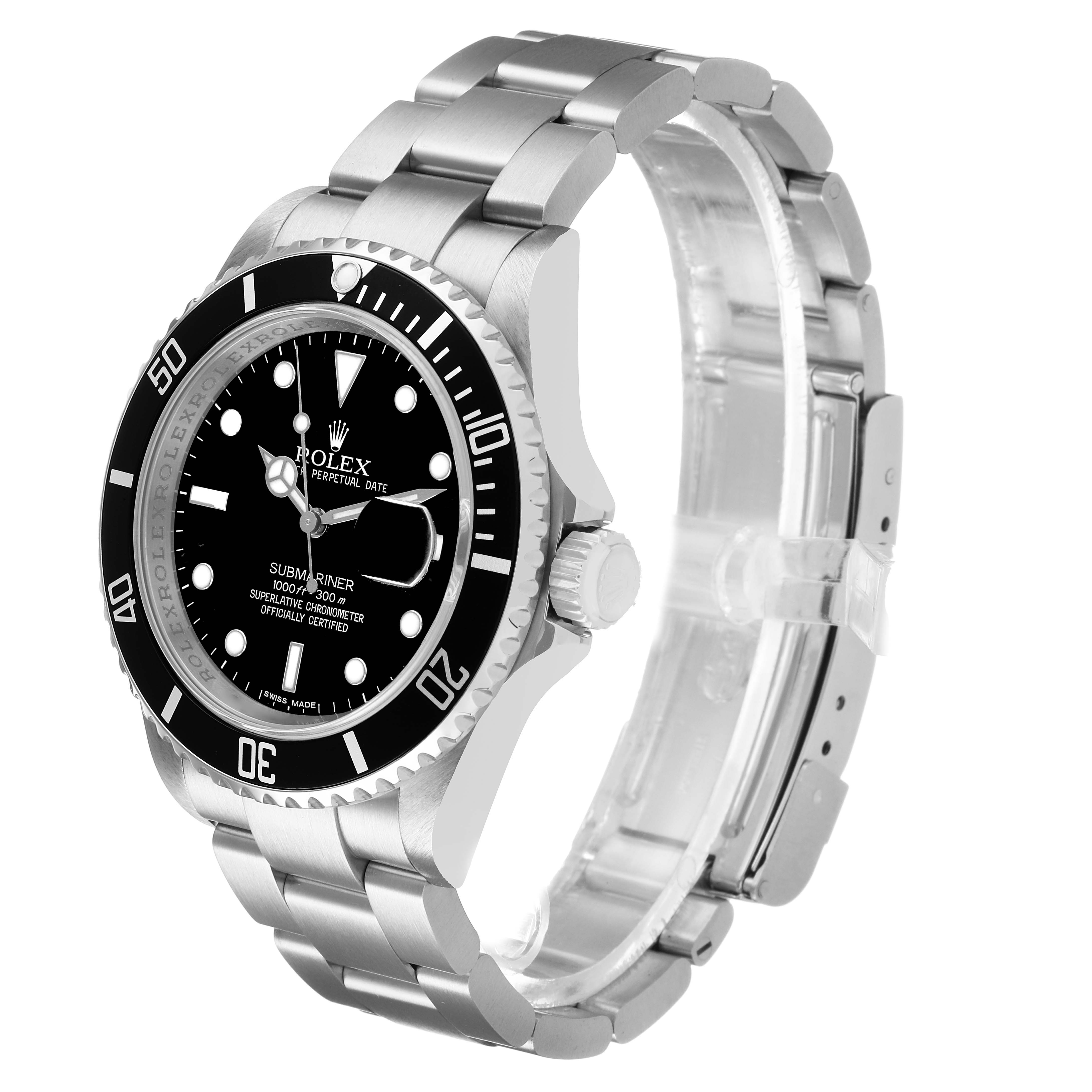 The image shows the Rolex Submariner 16610 T Men's Stainless Steel Black Dial watch from a three-quarter angle, highlighting the bezel, dial, and bracelet.
