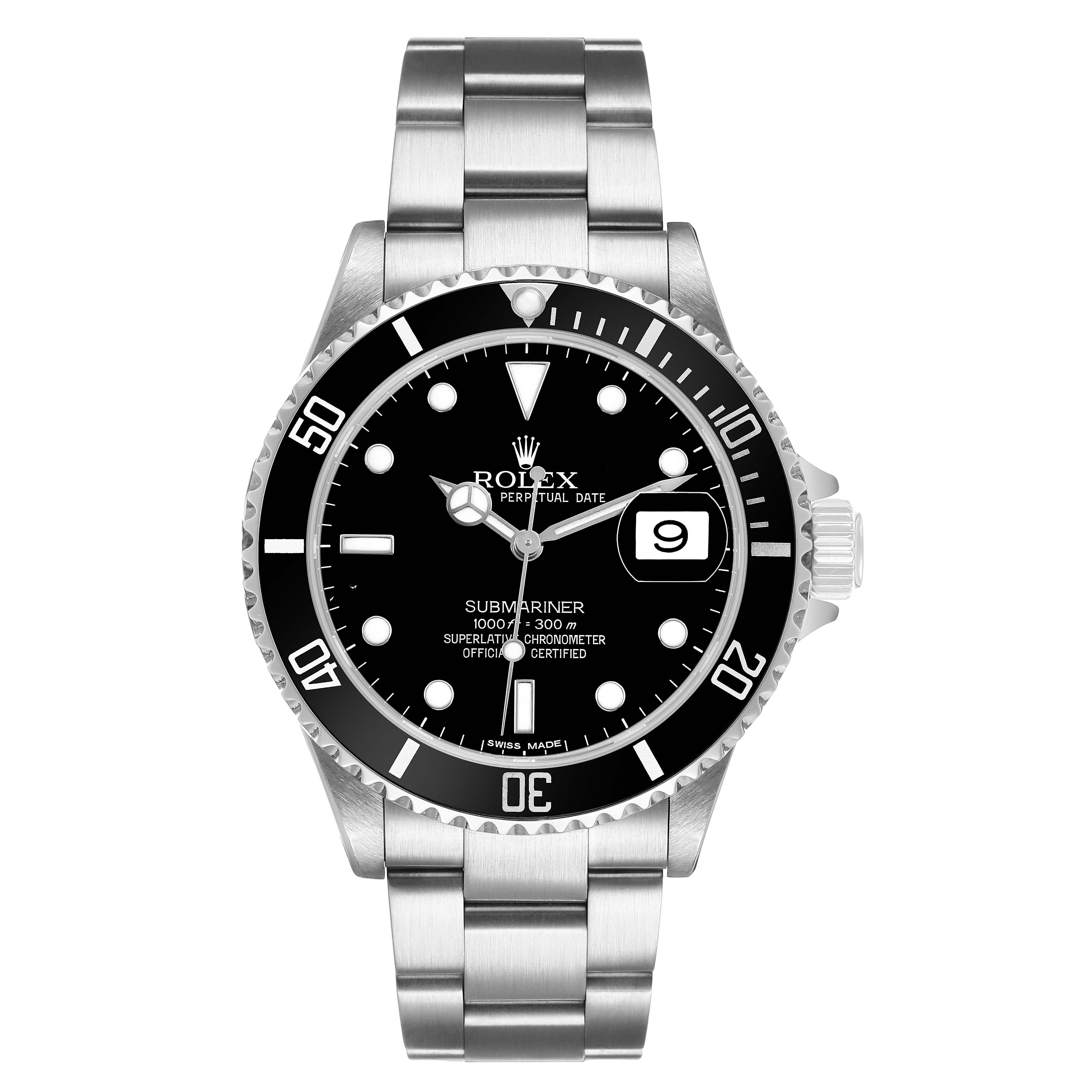 The Rolex Submariner 16610 T Men's Stainless Steel Black Dial watch is shown from a front angle, highlighting the dial, bezel, and bracelet.