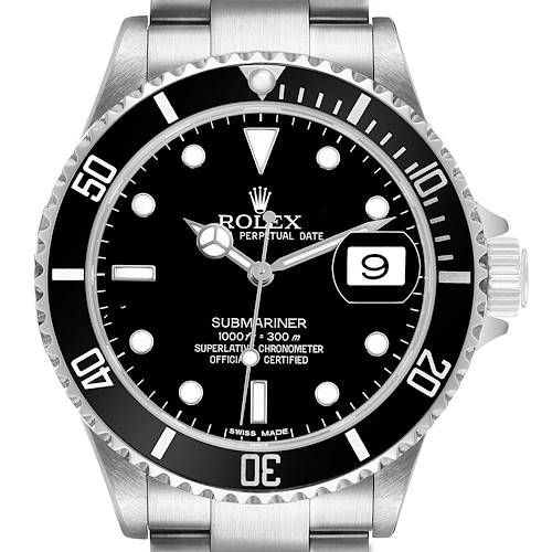 The Rolex Submariner 16610 T Men's Stainless Steel Black Dial watch is shown from the front, displaying the dial, bezel, and part of the bracelet.