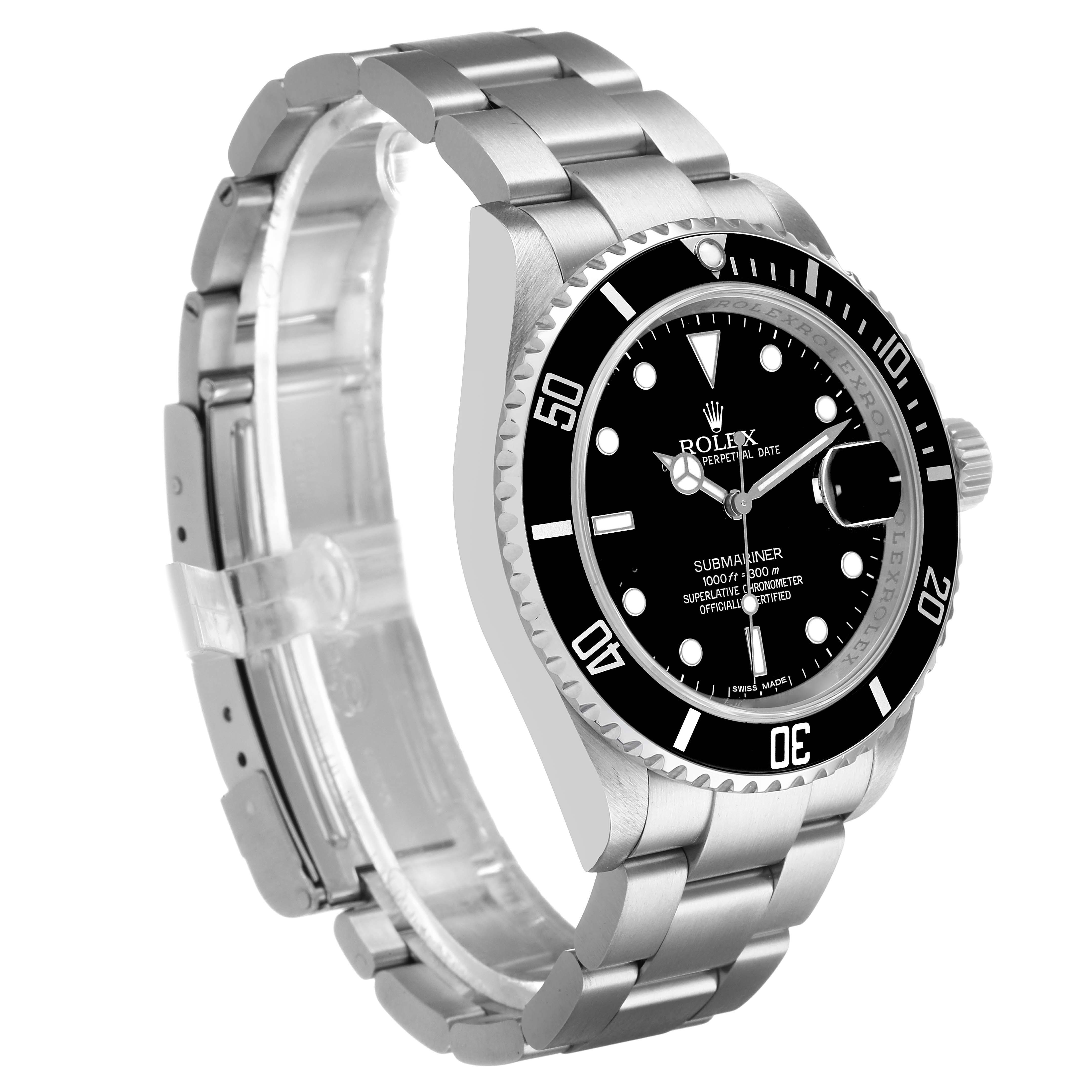 The Rolex Submariner 16610 T Men's Stainless Steel Black Dial watch is shown at a three-quarter angle, displaying the dial, bezel, and part of the bracelet.