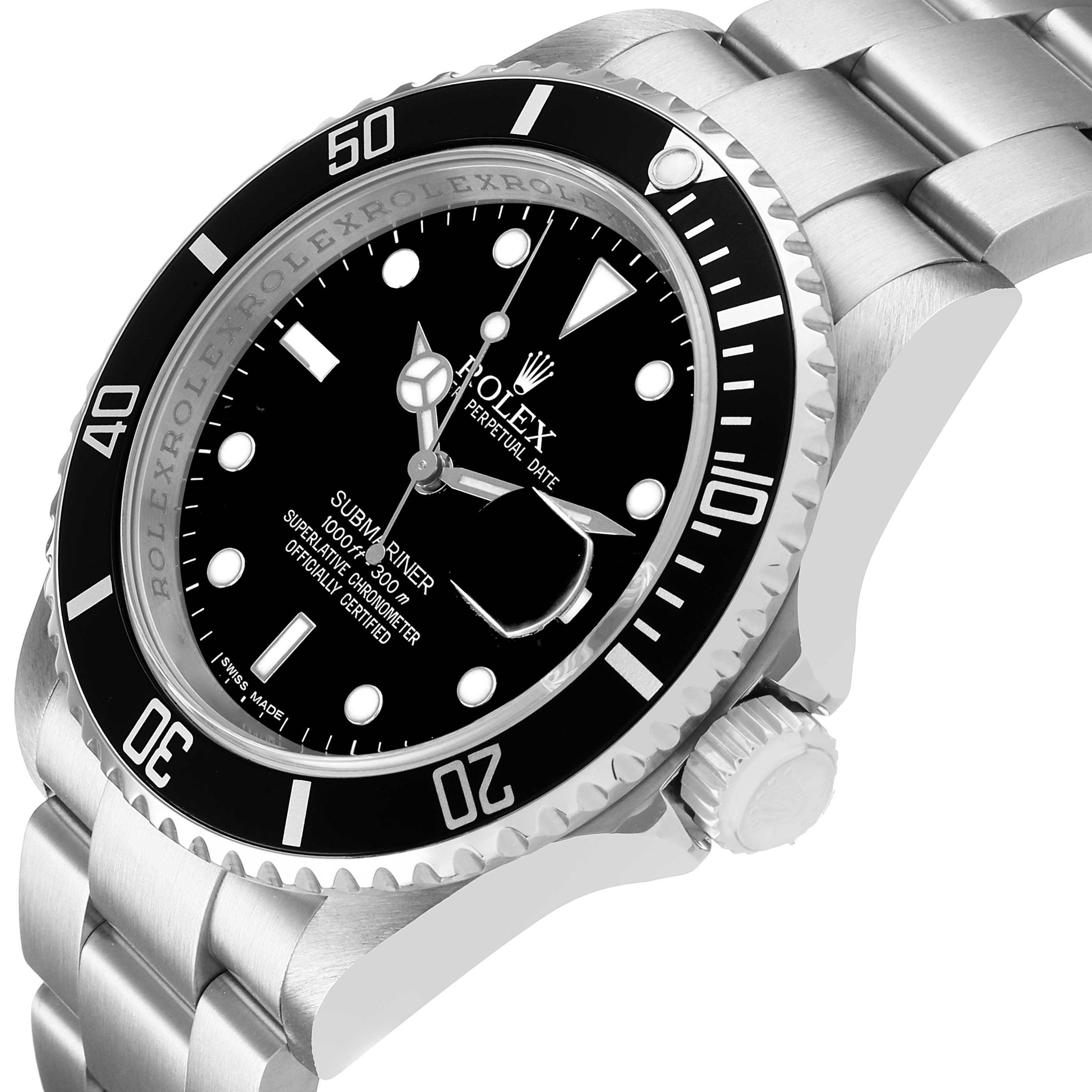 The Rolex Submariner 16610 T Men's Stainless Steel Black Dial watch is shown at an angled view, displaying its dial, bezel, crown, and bracelet.