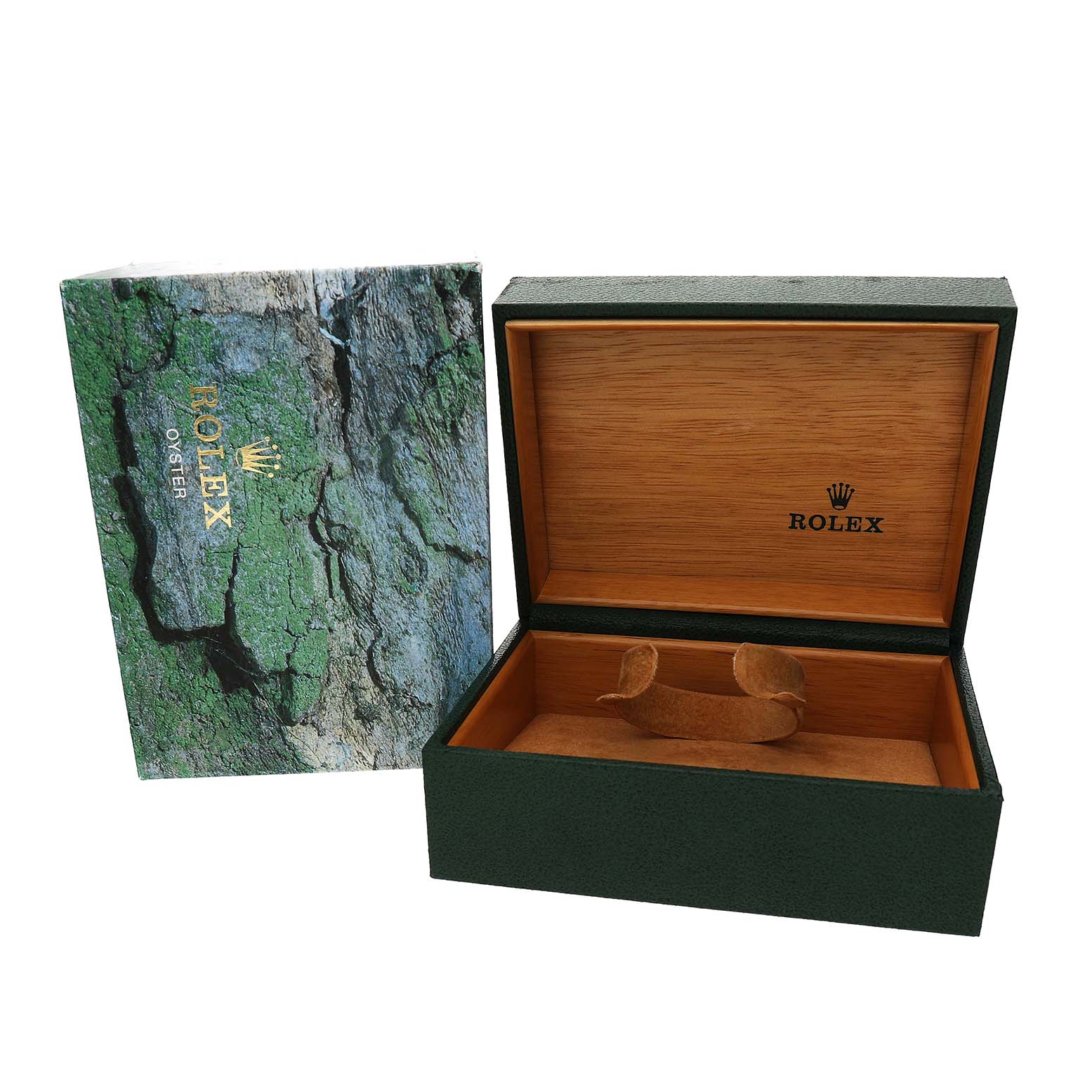 The image shows an open Rolex box with a Submariner model holder inside, alongside its textured outer packaging.