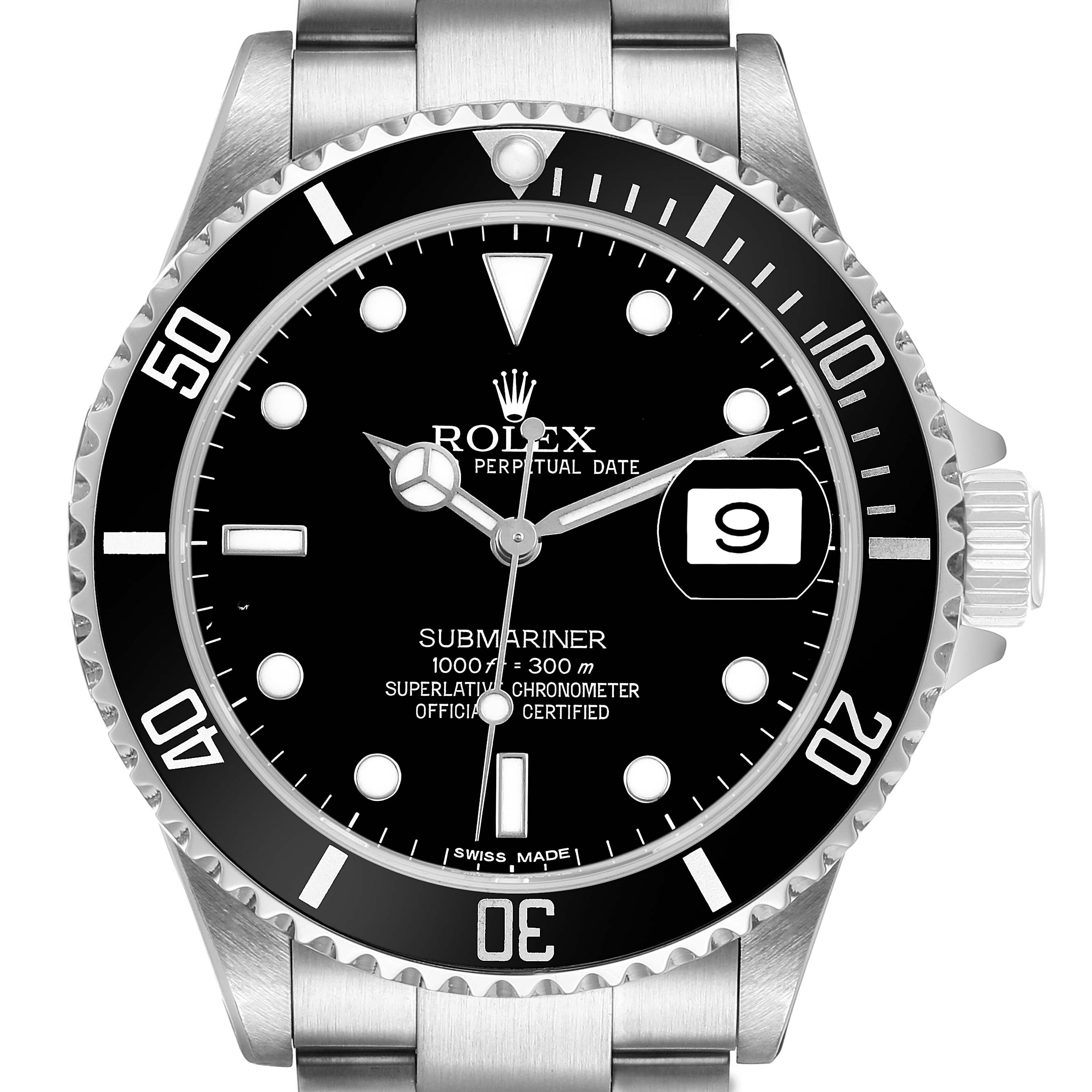 The image shows a frontal view of a Rolex Submariner 16610 T Men's Stainless Steel Black Dial watch displaying its dial, bezel, crown, and part of the bracelet.