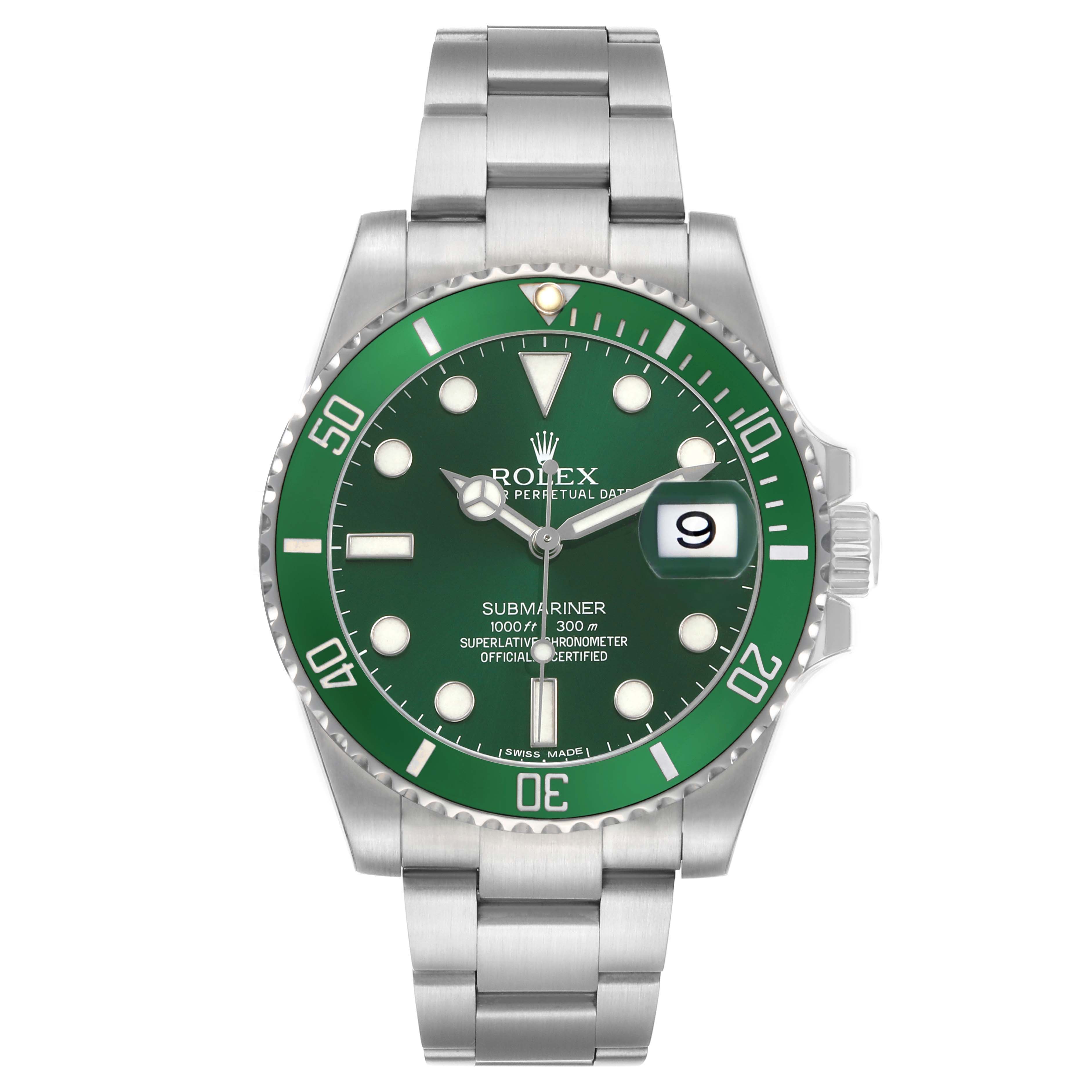 The Rolex Submariner 116610LV Men's Stainless Steel Green Dial watch is shown from the front, featuring the green dial, bezel, and stainless steel bracelet.