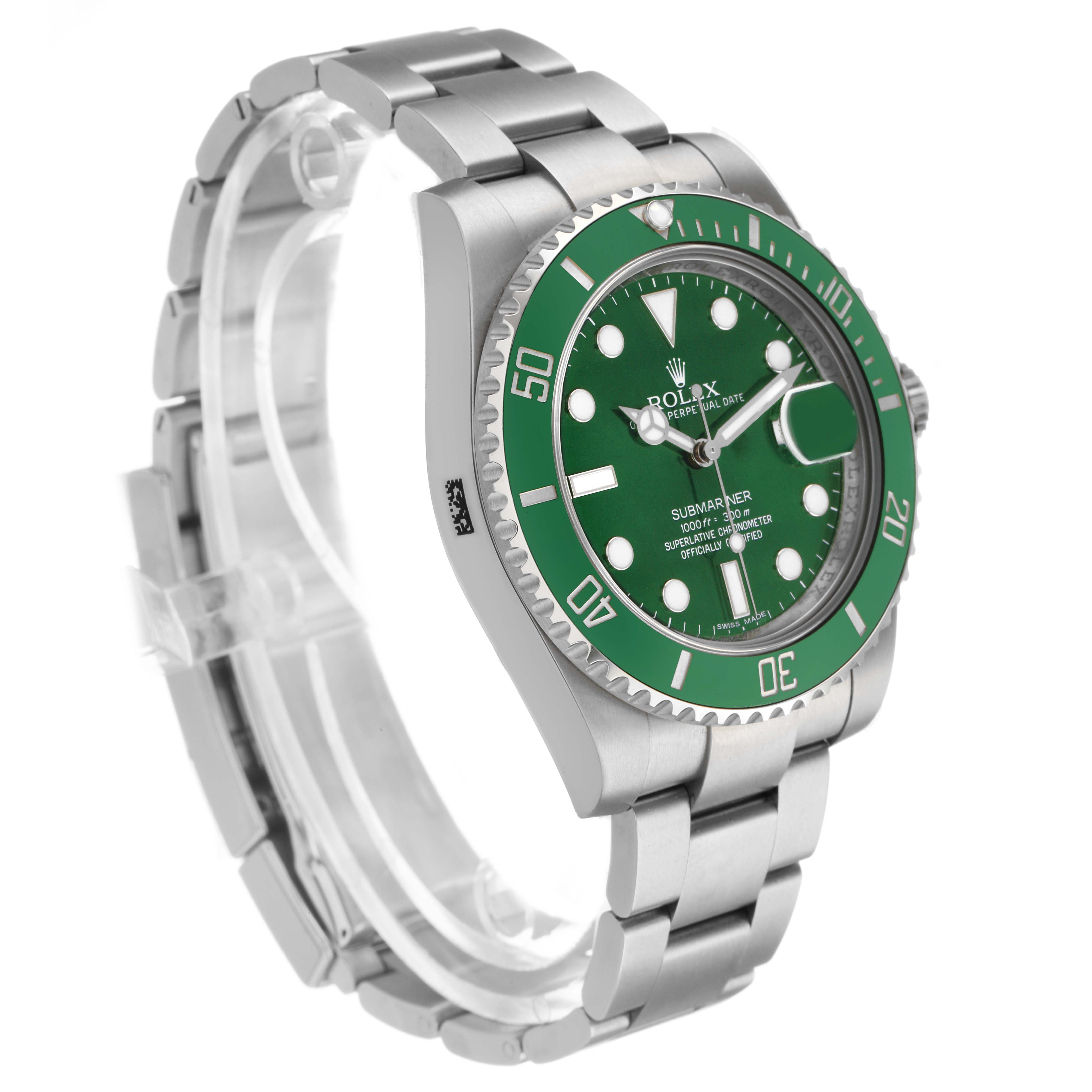 The Rolex Submariner 116610LV Men's Stainless Steel Green Dial is shown at a three-quarter angle, highlighting the green bezel, dial, and metal bracelet.