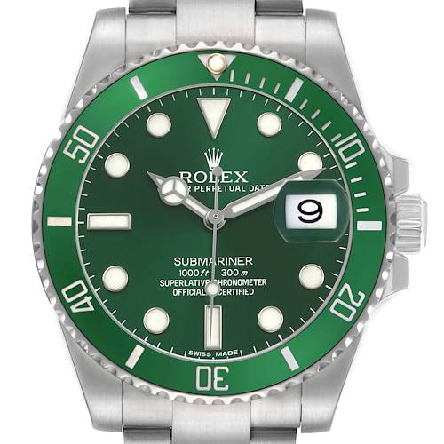 The Rolex Submariner 116610LV Men's Stainless Steel Green Dial watch is shown from a frontal angle, displaying the dial, bezel, and part of the bracelet.