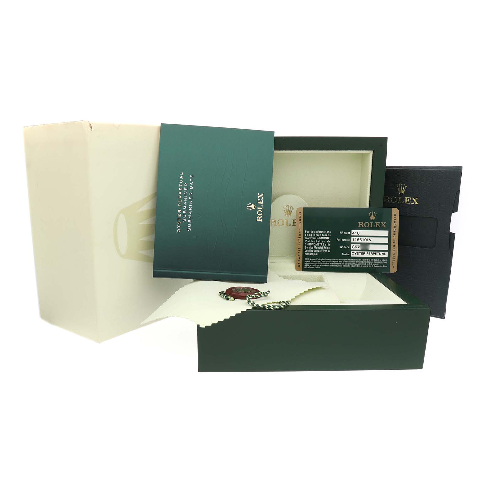 The image shows a Rolex Submariner 116610LV Men's Stainless Steel Green Dial box, papers, warranty card, and tag, with the box lid open.