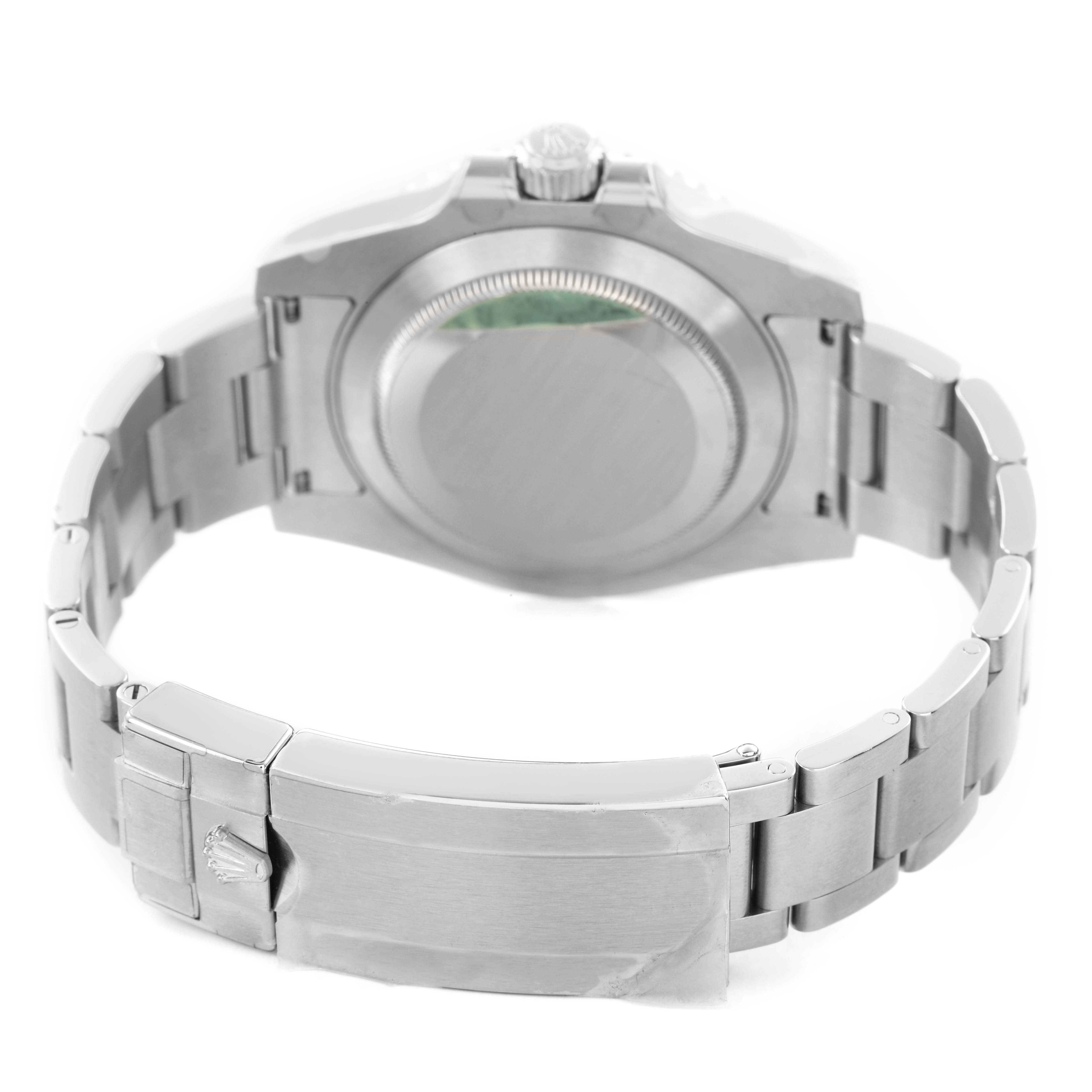 The image shows the back view of a Rolex Submariner 116610LV Men's Stainless Steel Green Dial, highlighting the case back, bracelet, and clasp.
