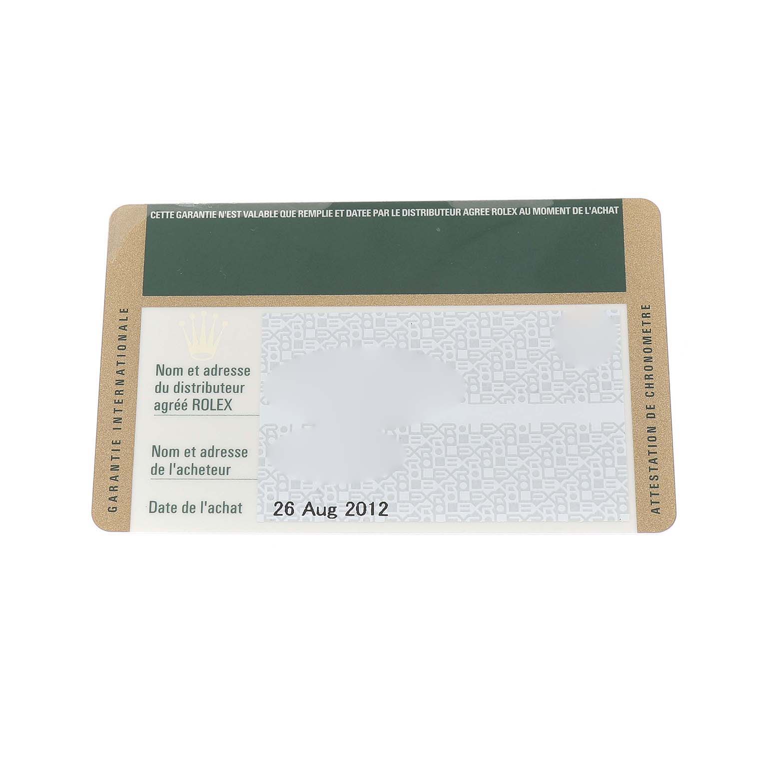 The image shows a warranty card for a Rolex Submariner 116610LV Men's Stainless Steel Green Dial, displaying dealer and purchaser information.