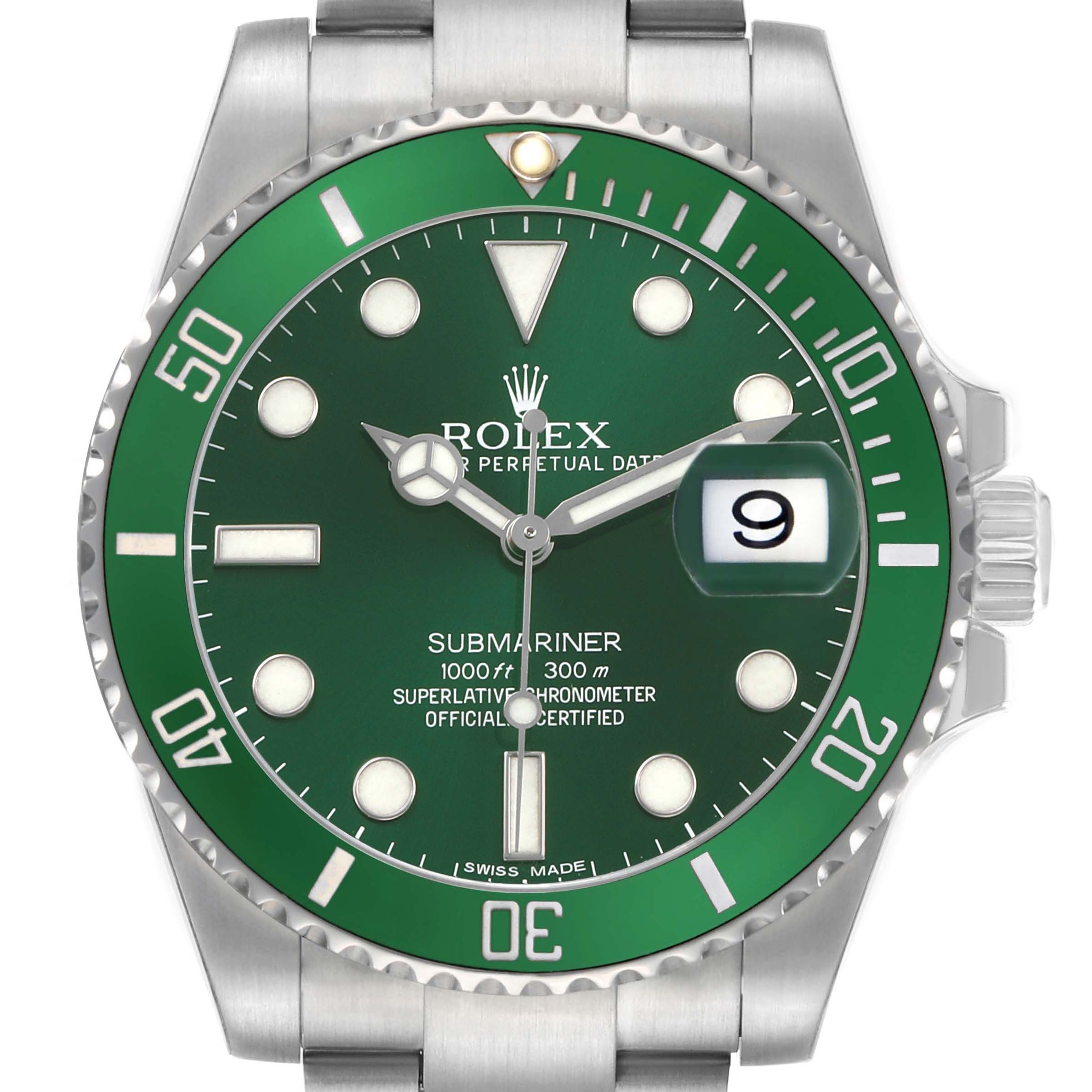 The Rolex Submariner 116610LV Men's Stainless Steel Green Dial watch is shown from a top-down angle, displaying the green dial, bezel, and bracelet with date magnifier.