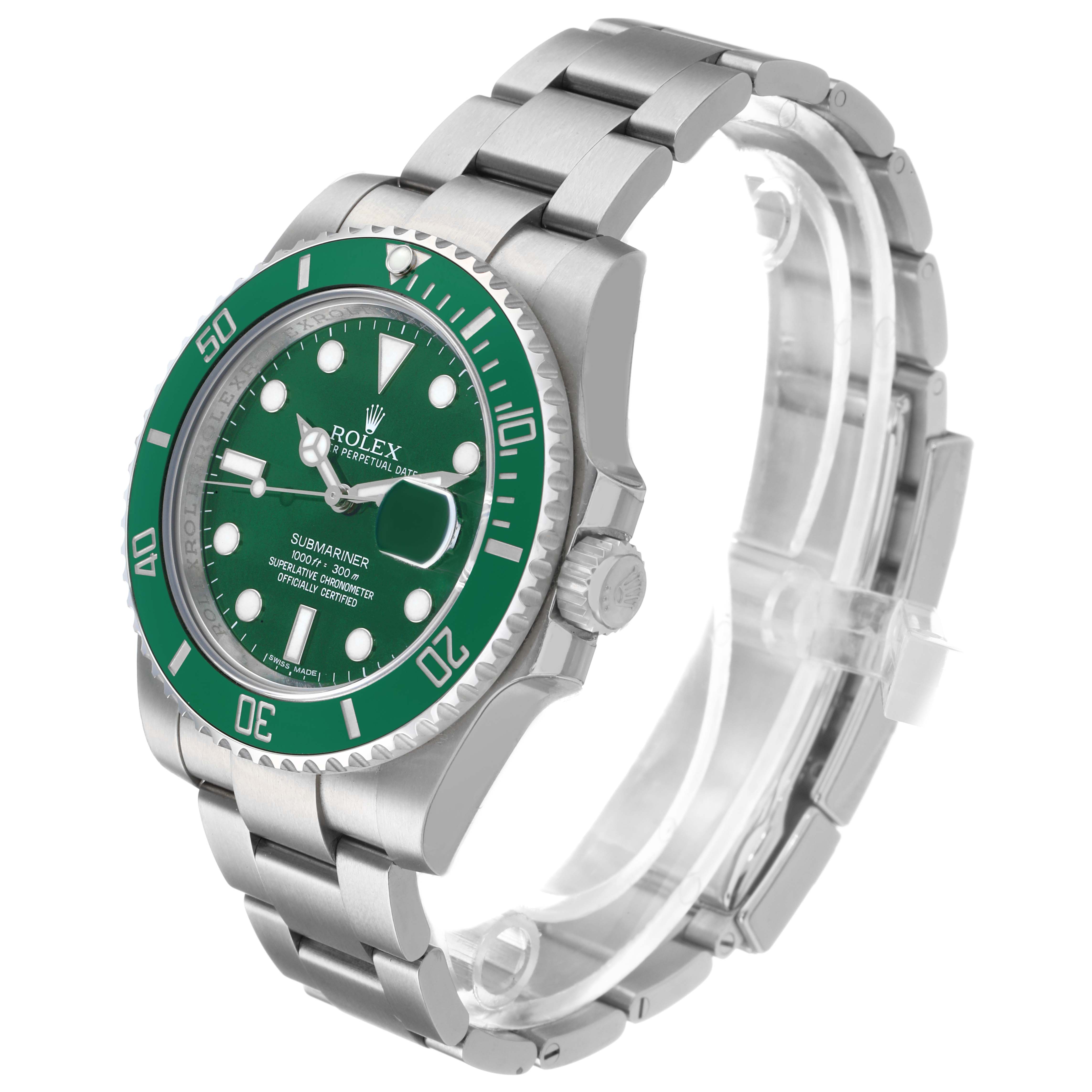 The Rolex Submariner 116610LV Men's Stainless Steel Green Dial is shown at a three-quarter angle, displaying the green bezel, dial, and metal bracelet.