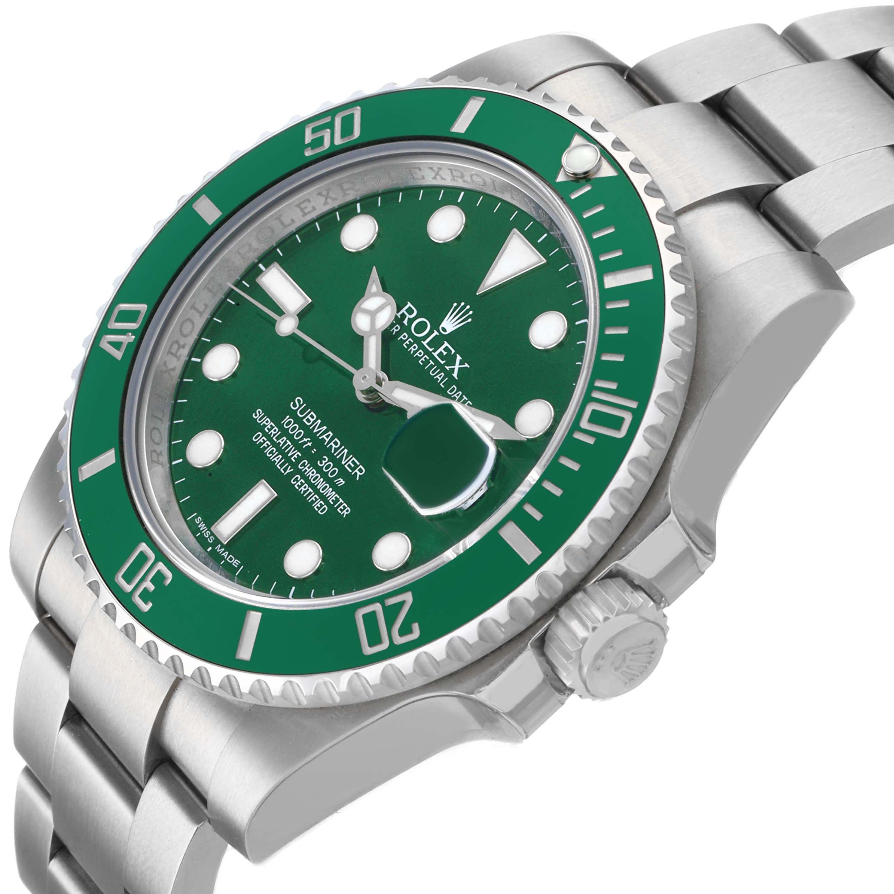 The Rolex Submariner 116610LV Men's Stainless Steel Green Dial watch is shown at an angle highlighting the face, bezel, crown, and bracelet.