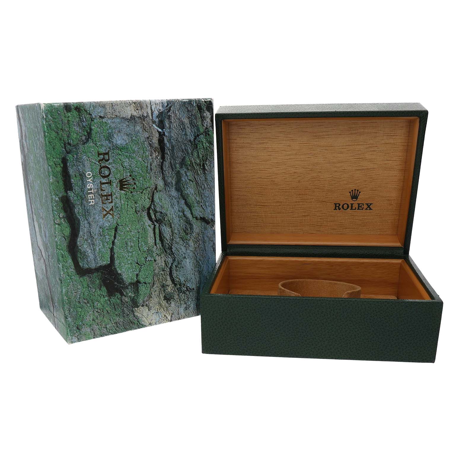 The image shows an open Rolex Submariner 14060 Men's Stainless Steel Black Dial watch box with its outer box, both viewed from the front.