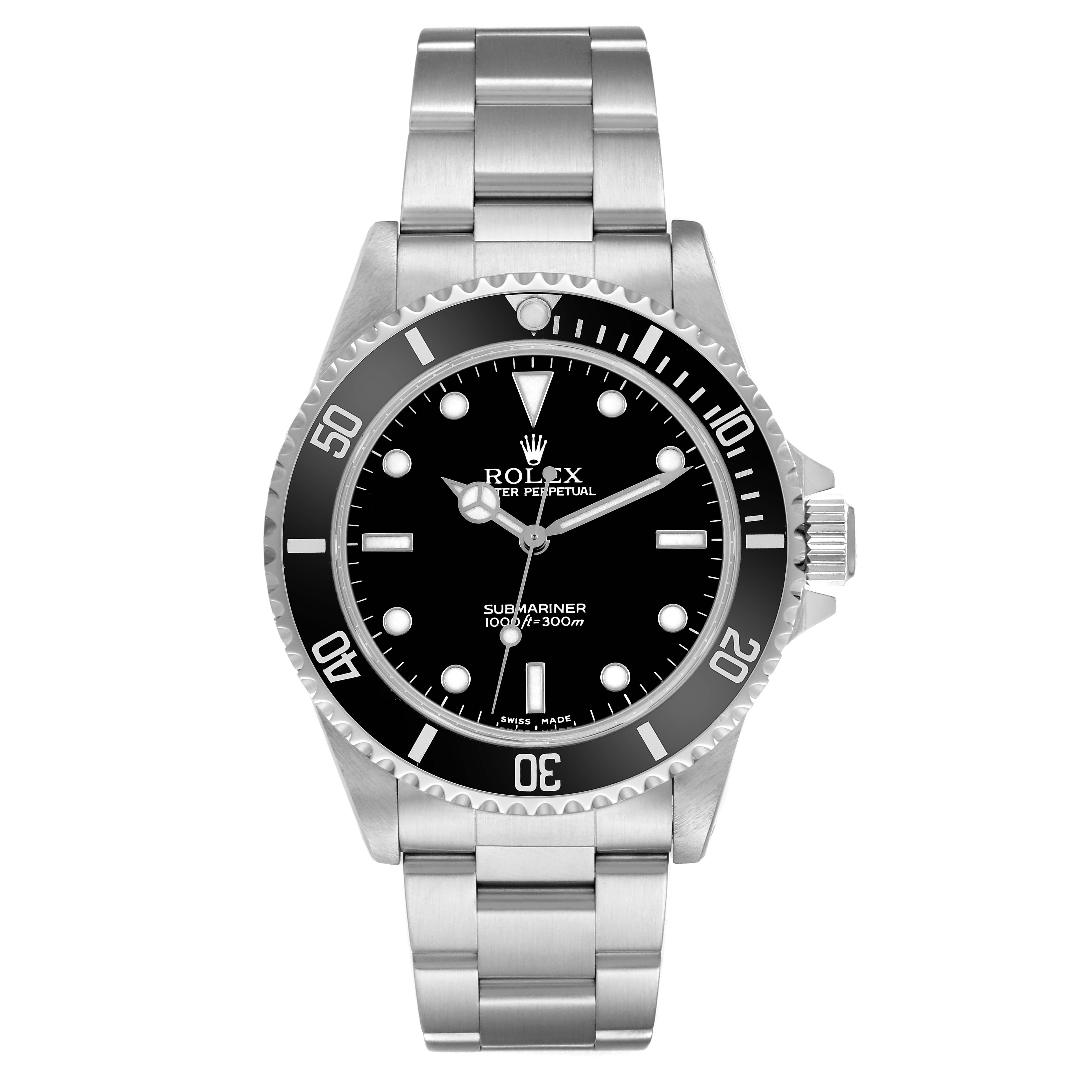 The Rolex Submariner 14060 Men's Stainless Steel Black Dial watch is shown from a front angle, highlighting the dial, bezel, and stainless steel bracelet.