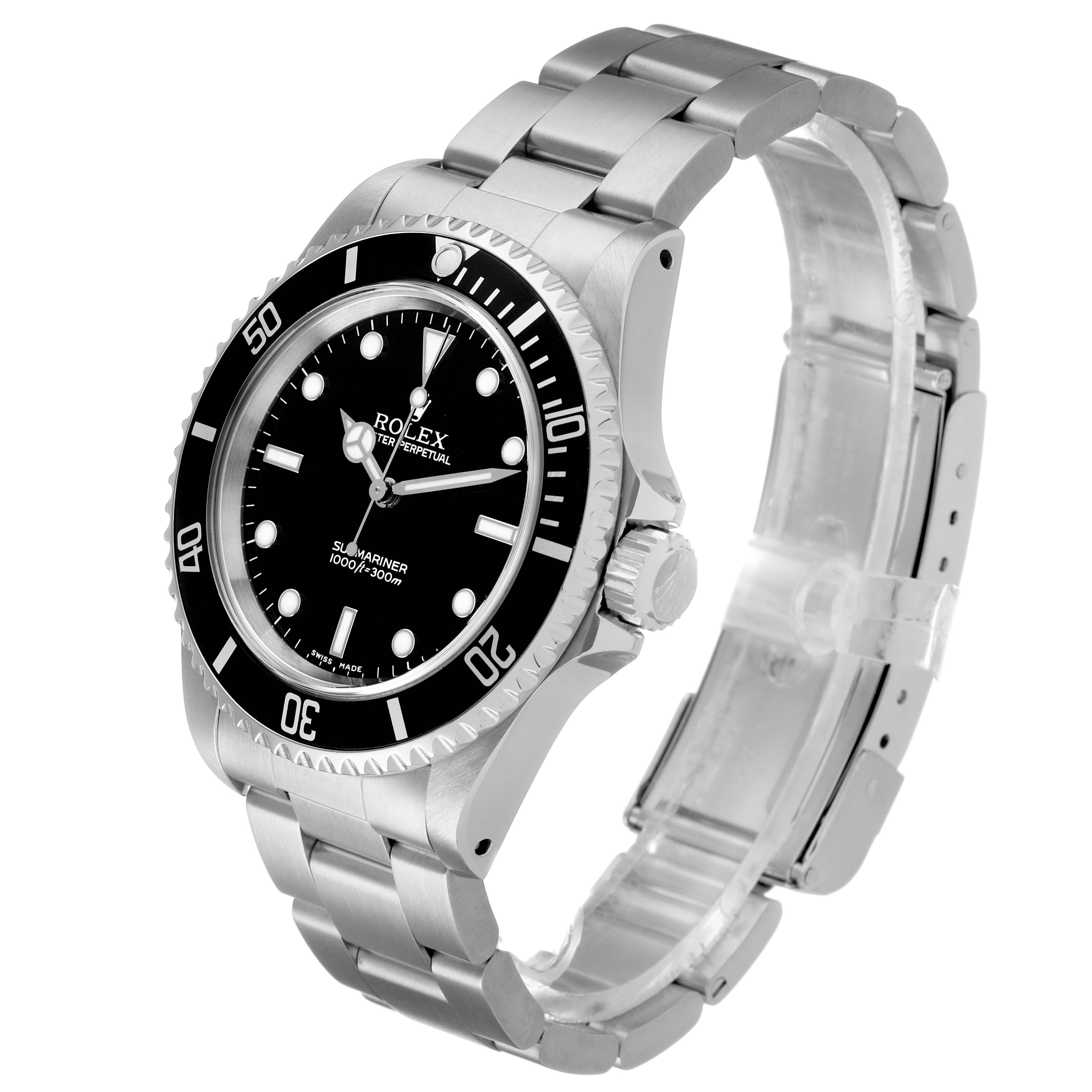 The Rolex Submariner 14060 Men's Stainless Steel Black Dial watch is shown at a slight angle, featuring the dial, bezel, crown, and bracelet.