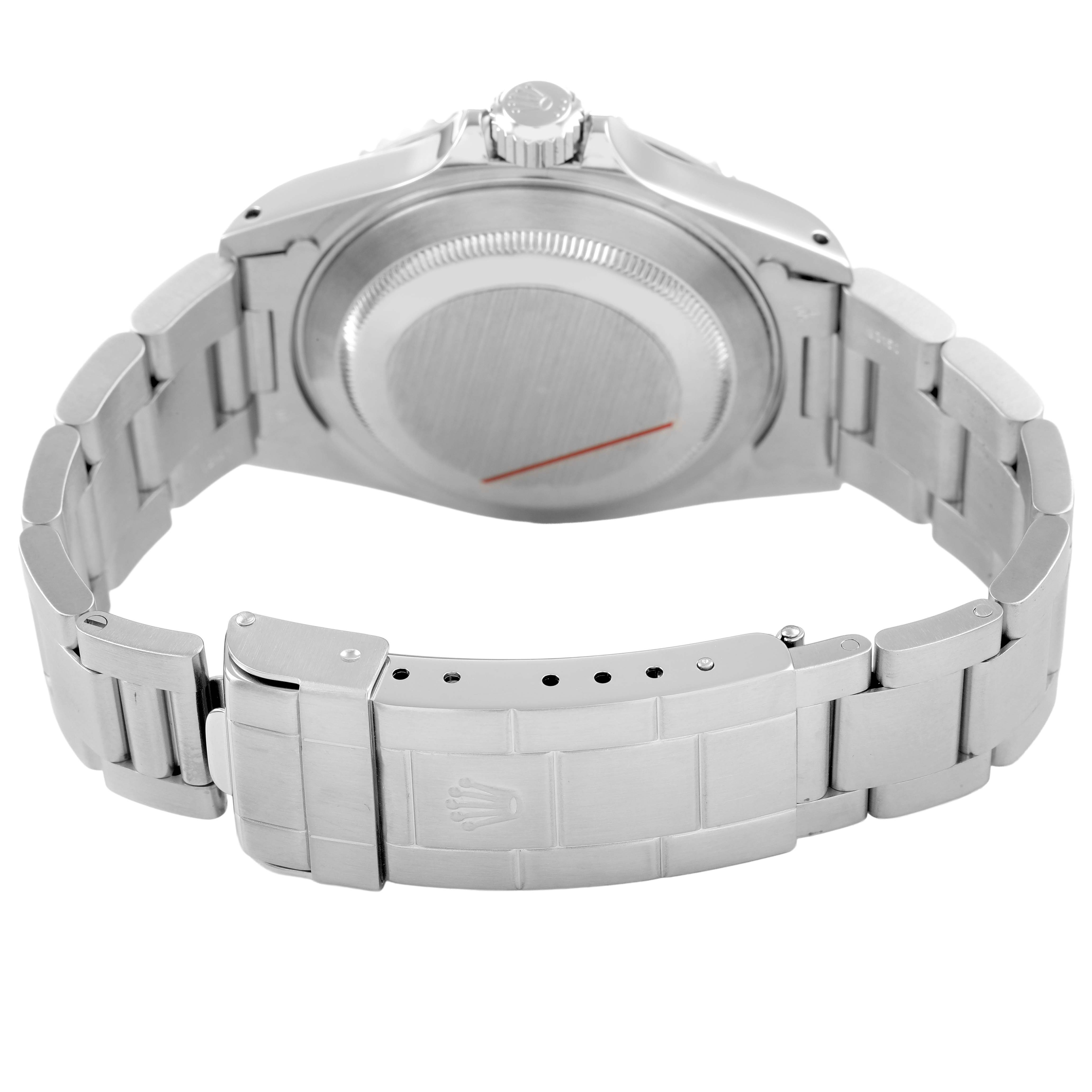 The image shows the back view of a Rolex Submariner 14060 Men's Stainless Steel Black Dial, highlighting the case back, crown, and stainless steel bracelet.