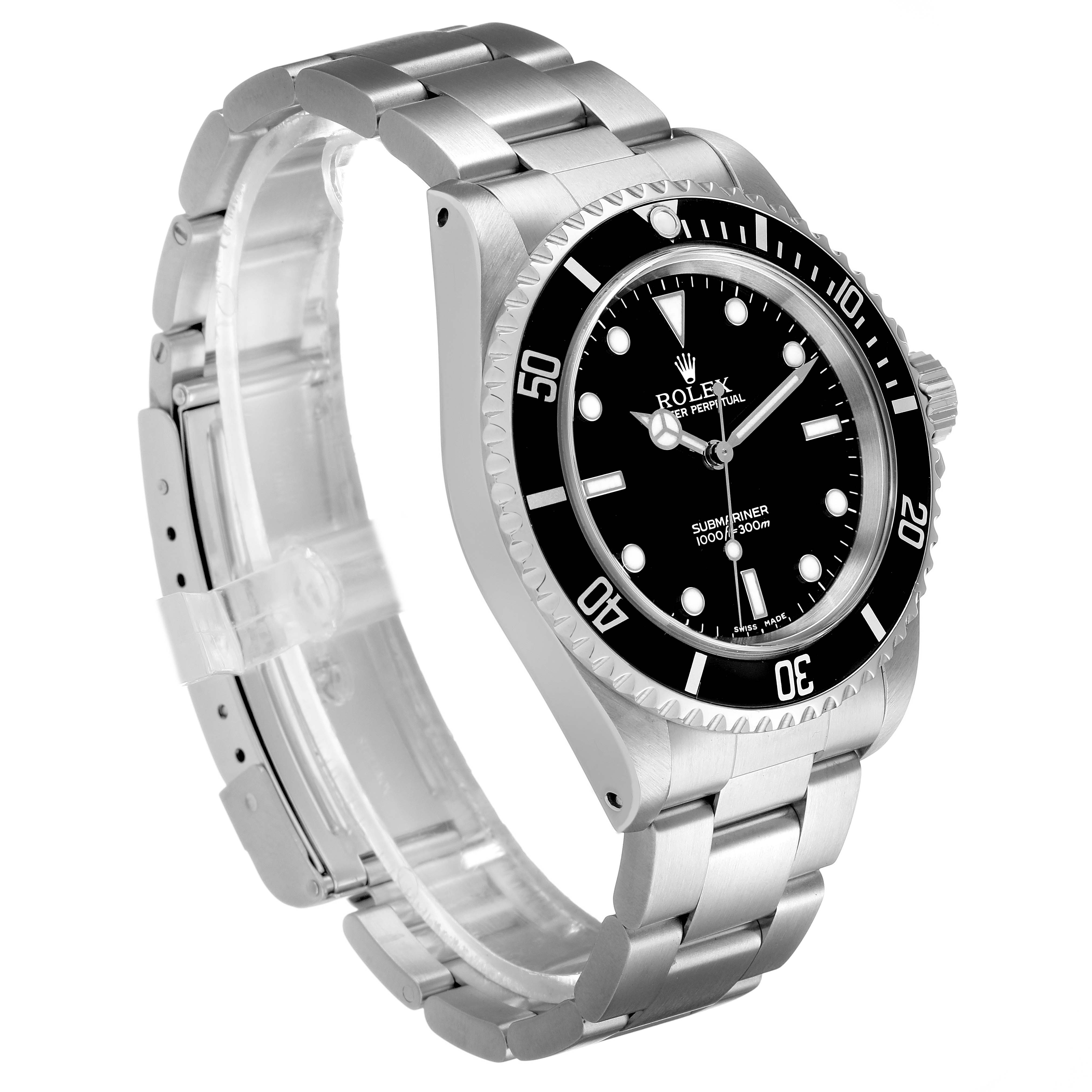 The Rolex Submariner 14060 Men's Stainless Steel Black Dial watch is shown at a three-quarter angle, displaying the face, bezel, and metal bracelet.