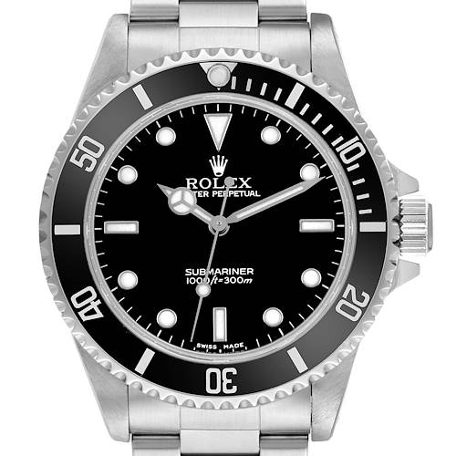 The Rolex Submariner 14060 Men's Stainless Steel Black Dial watch is shown from a top view, displaying the dial, bezel, hands, and part of the bracelet.
