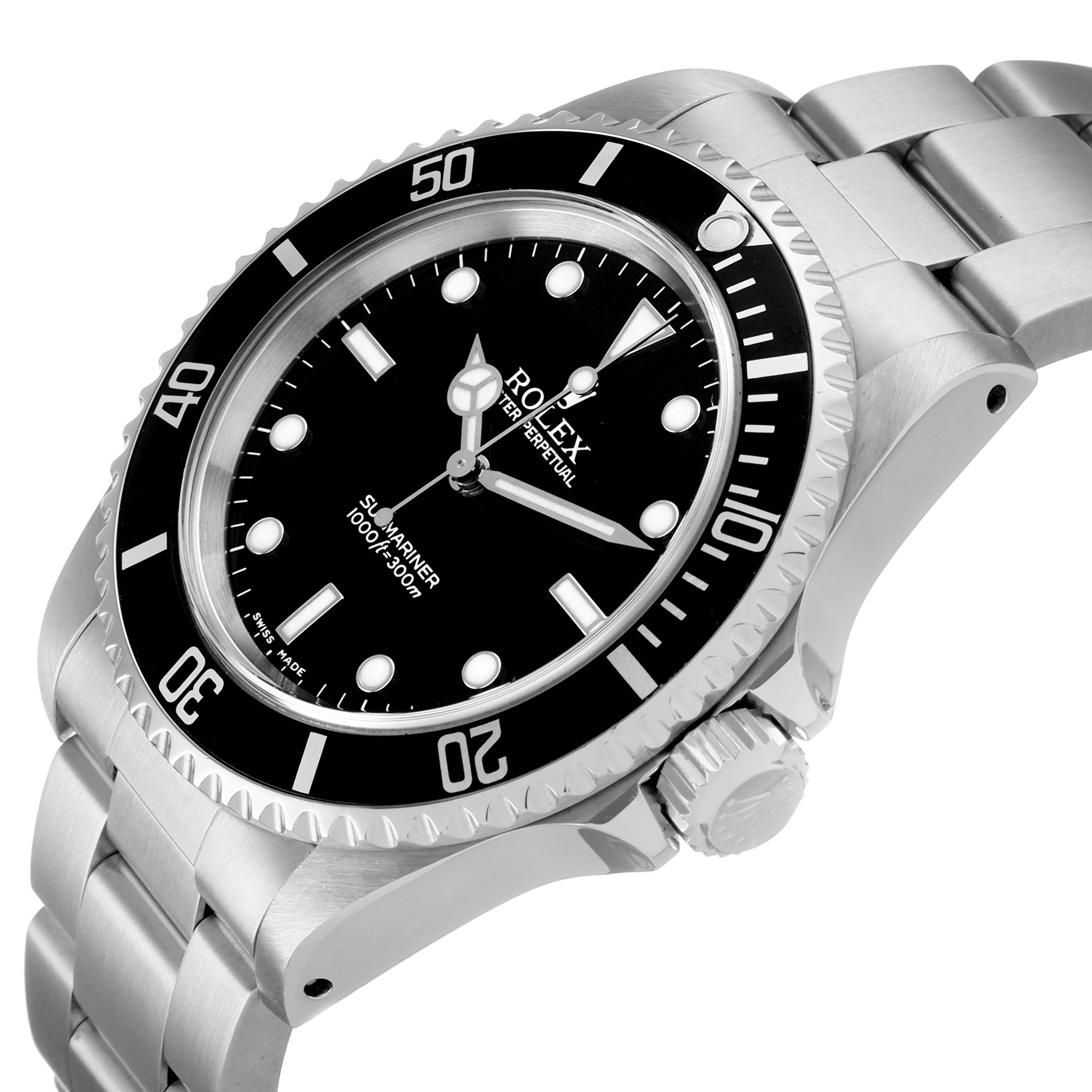 The Rolex Submariner 14060 Men's Stainless Steel Black Dial is shown at a three-quarter angle, displaying the bezel, crown, and part of the bracelet.