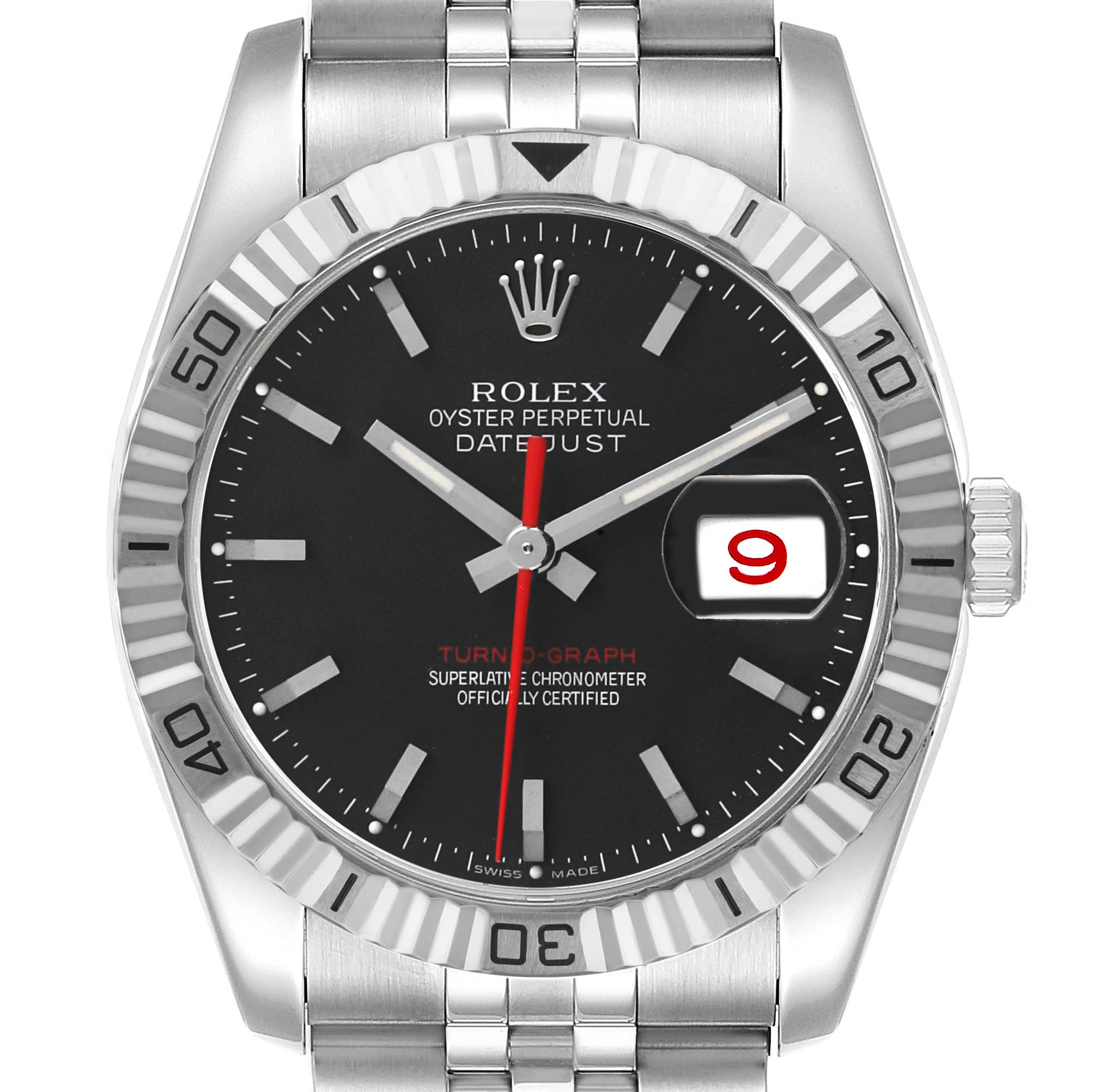 The Rolex Turn-o-Graph 116264 Men's Stainless Steel Black Dial watch is shown from a top-down angle, displaying its bezel, dial, hands, and bracelet.