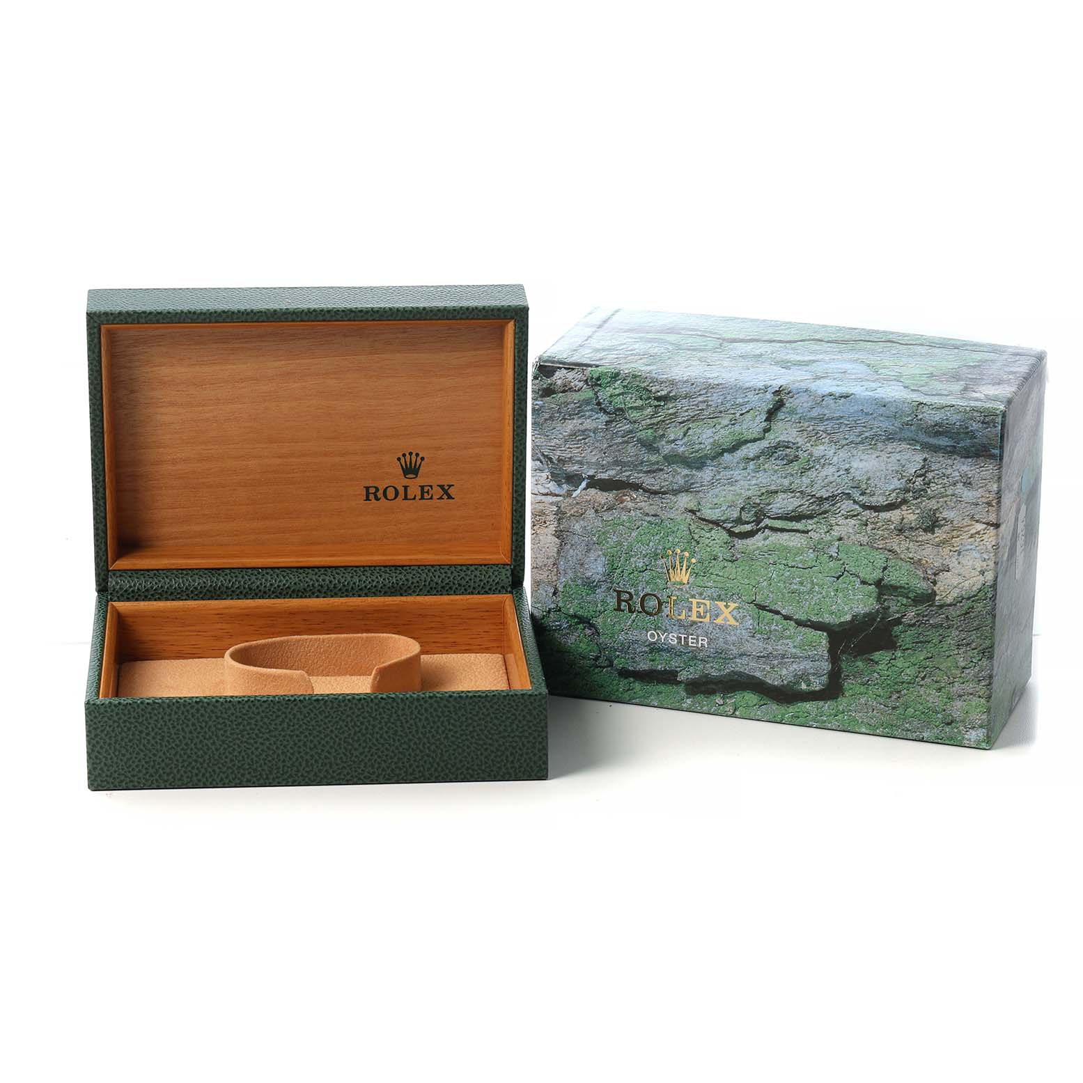 The image shows an open and closed Rolex box for a Turn-o-Graph model, highlighting the packaging from a front angle.