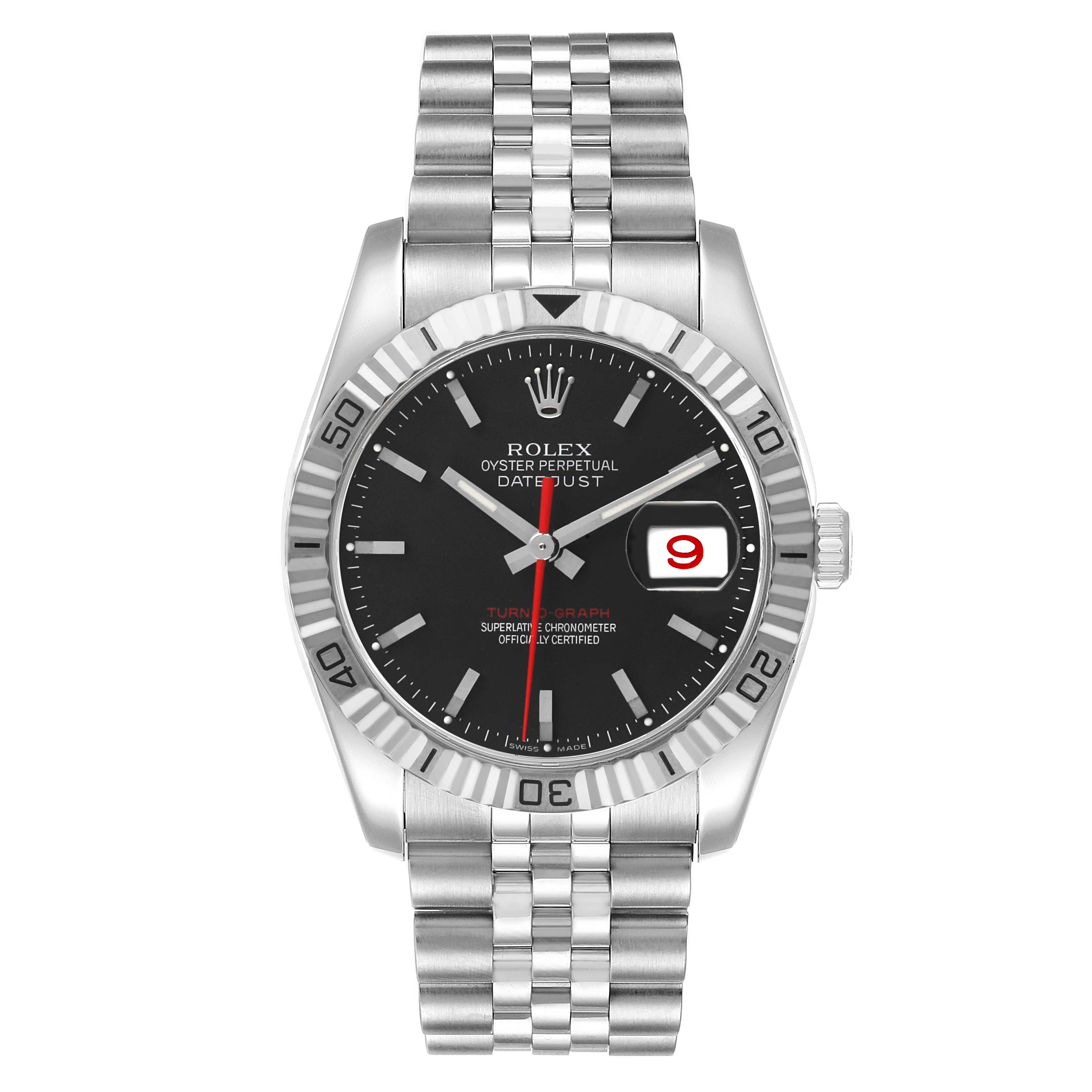 The Rolex Turn-o-Graph 116264 Men's Stainless Steel Black Dial watch is shown from the front, highlighting the dial, bezel, bracelet, and crown.