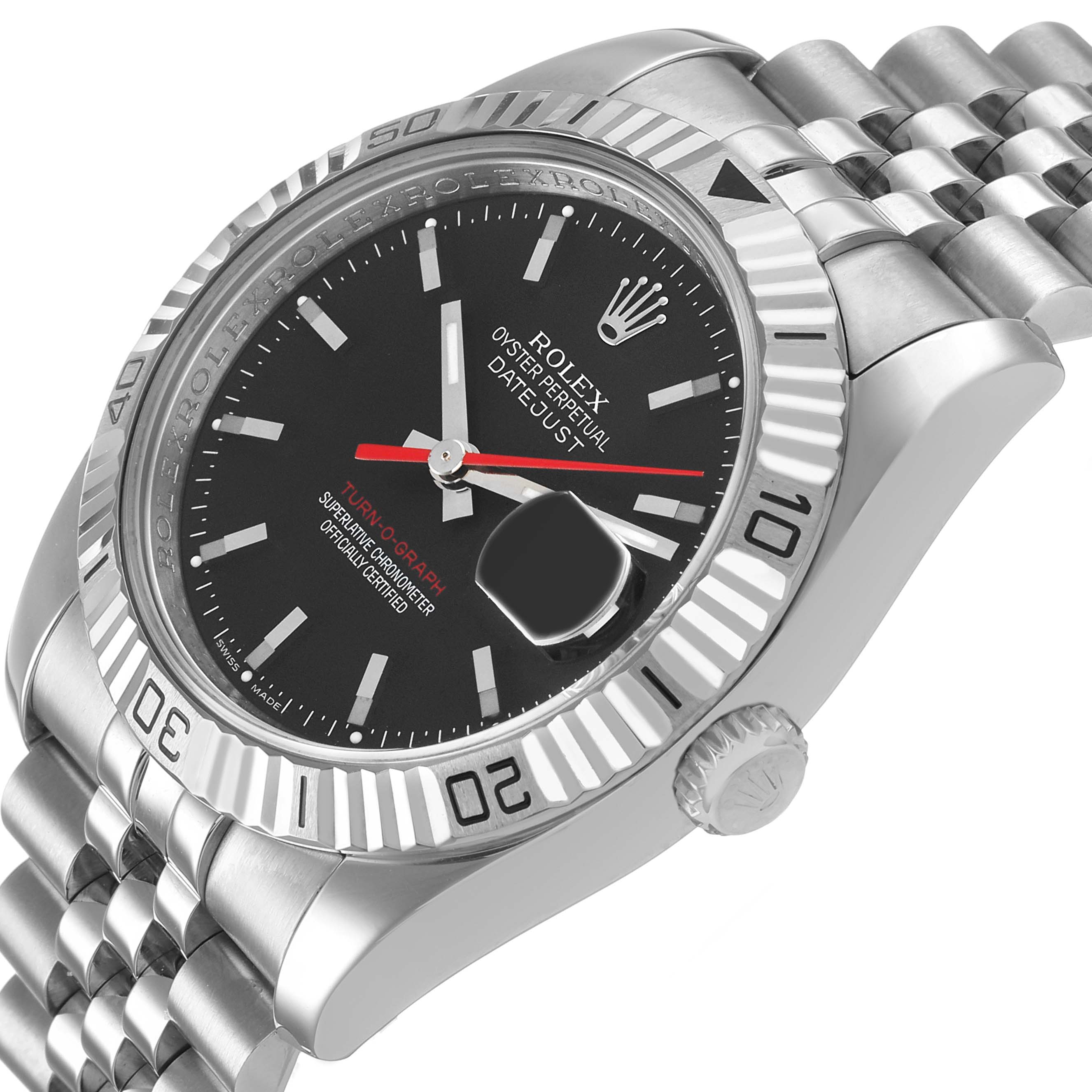 The image shows the Rolex Turn-o-Graph 116264 Men's Stainless Steel Black Dial watch at a three-quarter angle, highlighting the bezel, crown, dial, and bracelet.