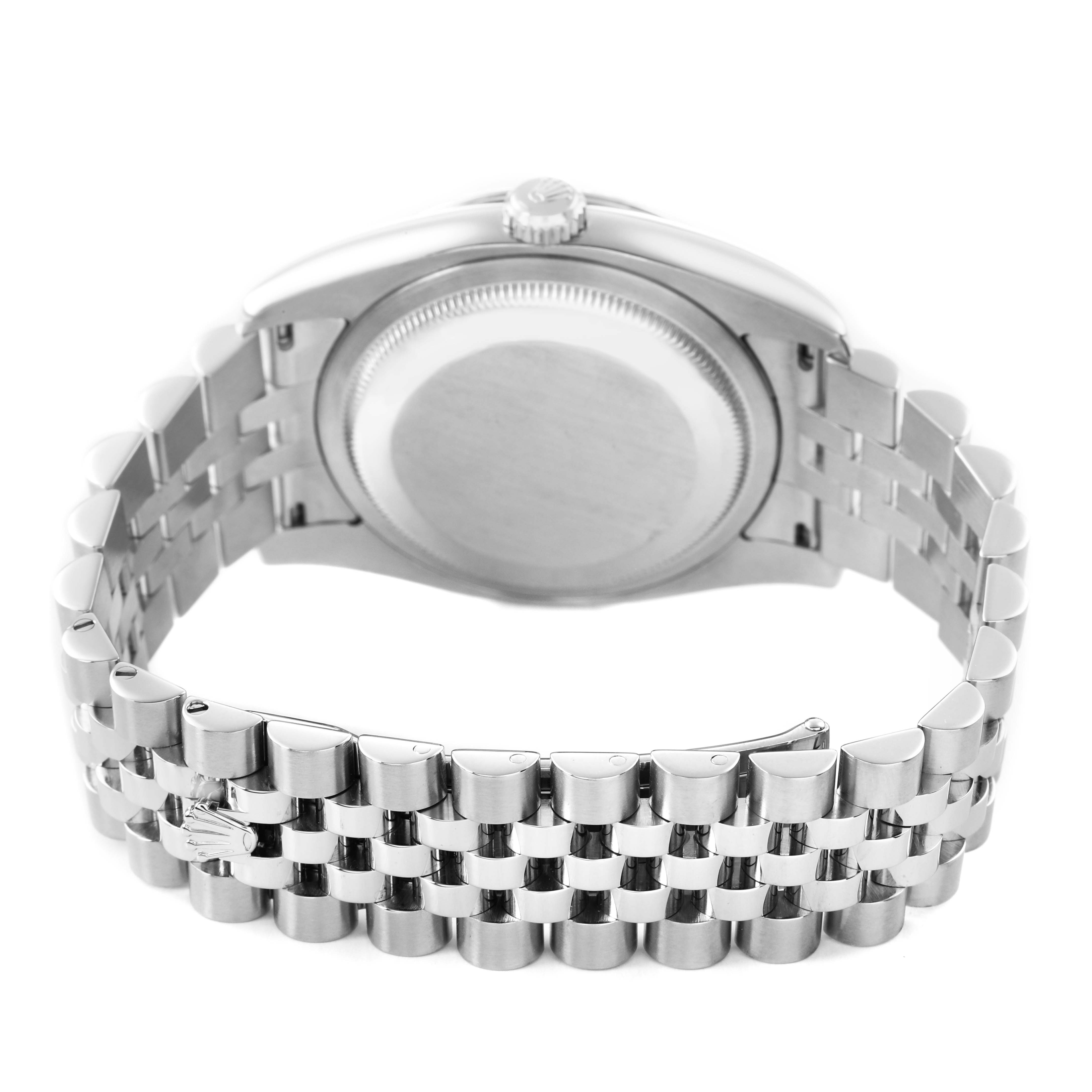 The image shows the back view of a Rolex Turn-o-Graph 116264 Men's Stainless Steel Black Dial, highlighting the case back and metal bracelet.