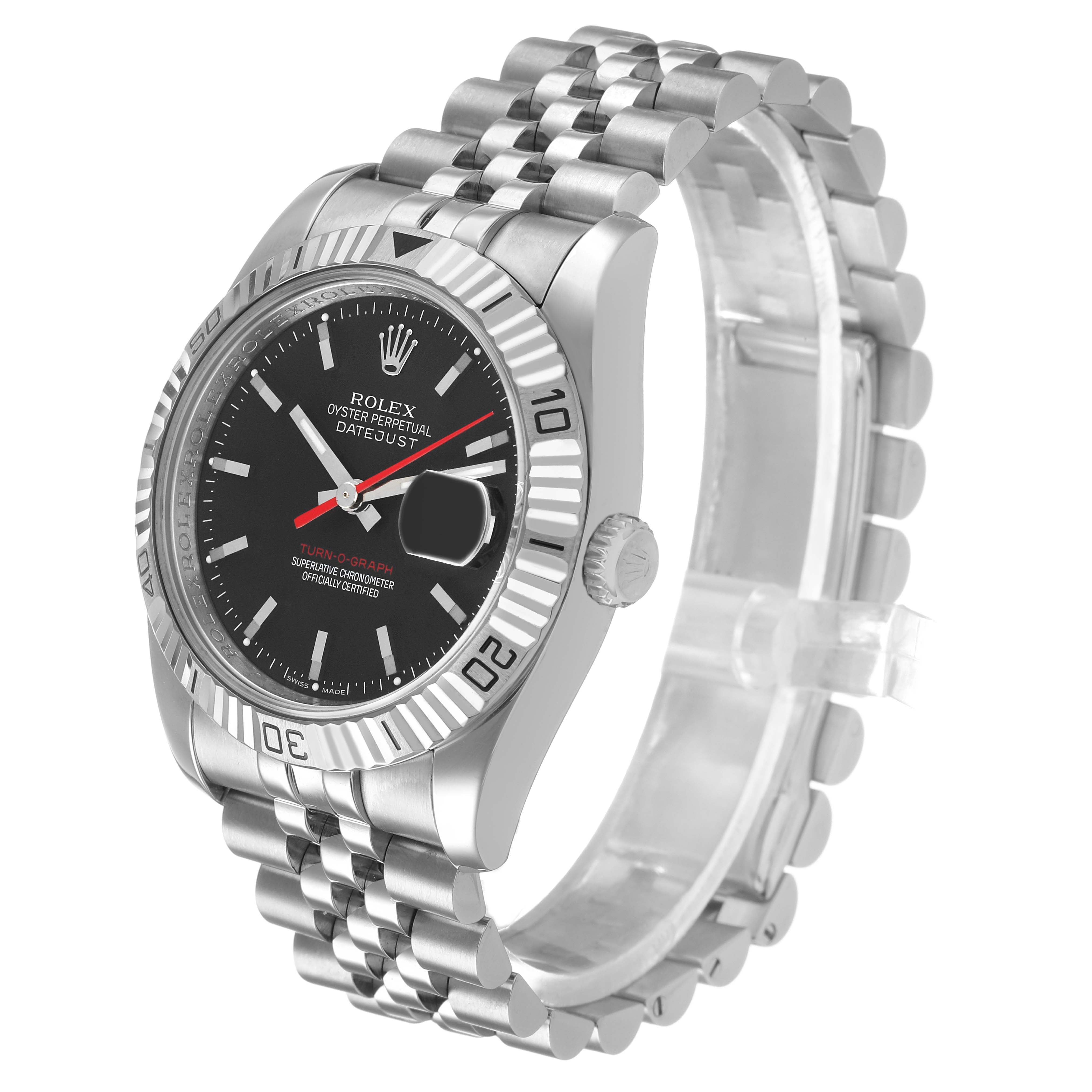 The Rolex Turn-o-Graph 116264 Men's Stainless Steel Black Dial watch is shown at a three-quarter angle, highlighting the face, bezel, and Jubilee bracelet.