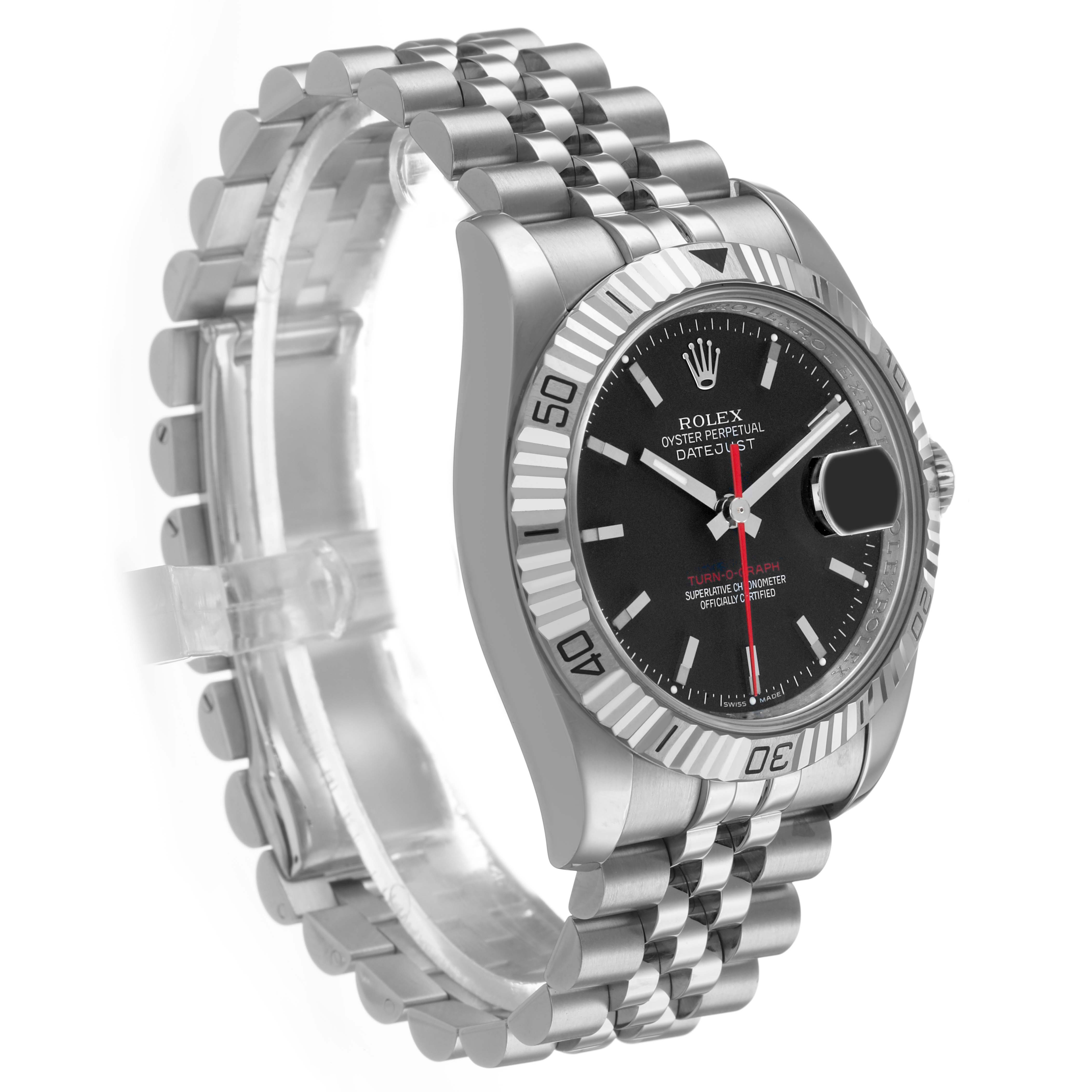 The Rolex Turn-o-Graph 116264 Men's Stainless Steel Black Dial model is shown from a side angle, displaying the bezel, dial, bracelet, and crown.