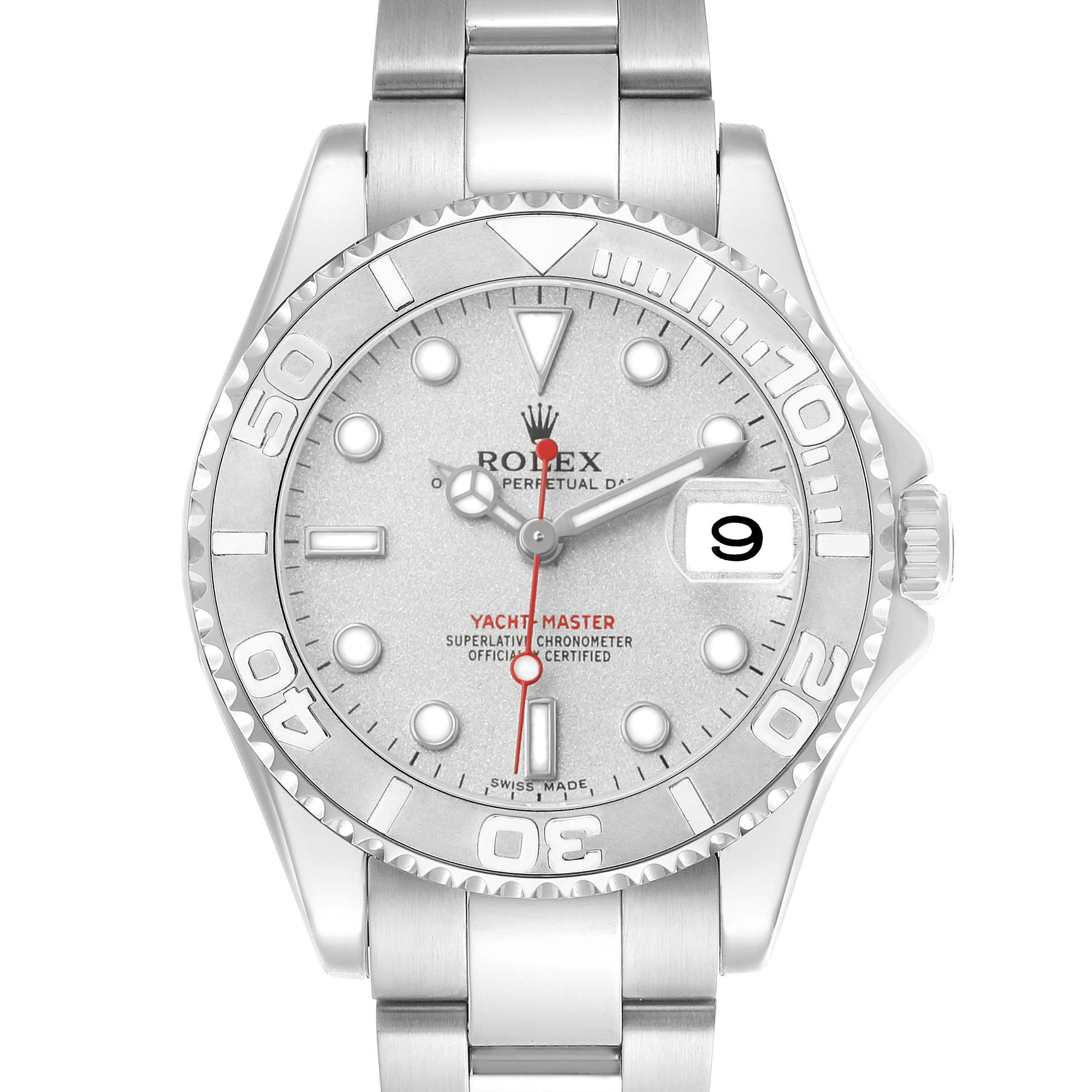 The image shows a front view of the Rolex Yacht-Master 168622 Men's Stainless Steel Silver Dial watch, displaying its dial, bezel, and bracelet.
