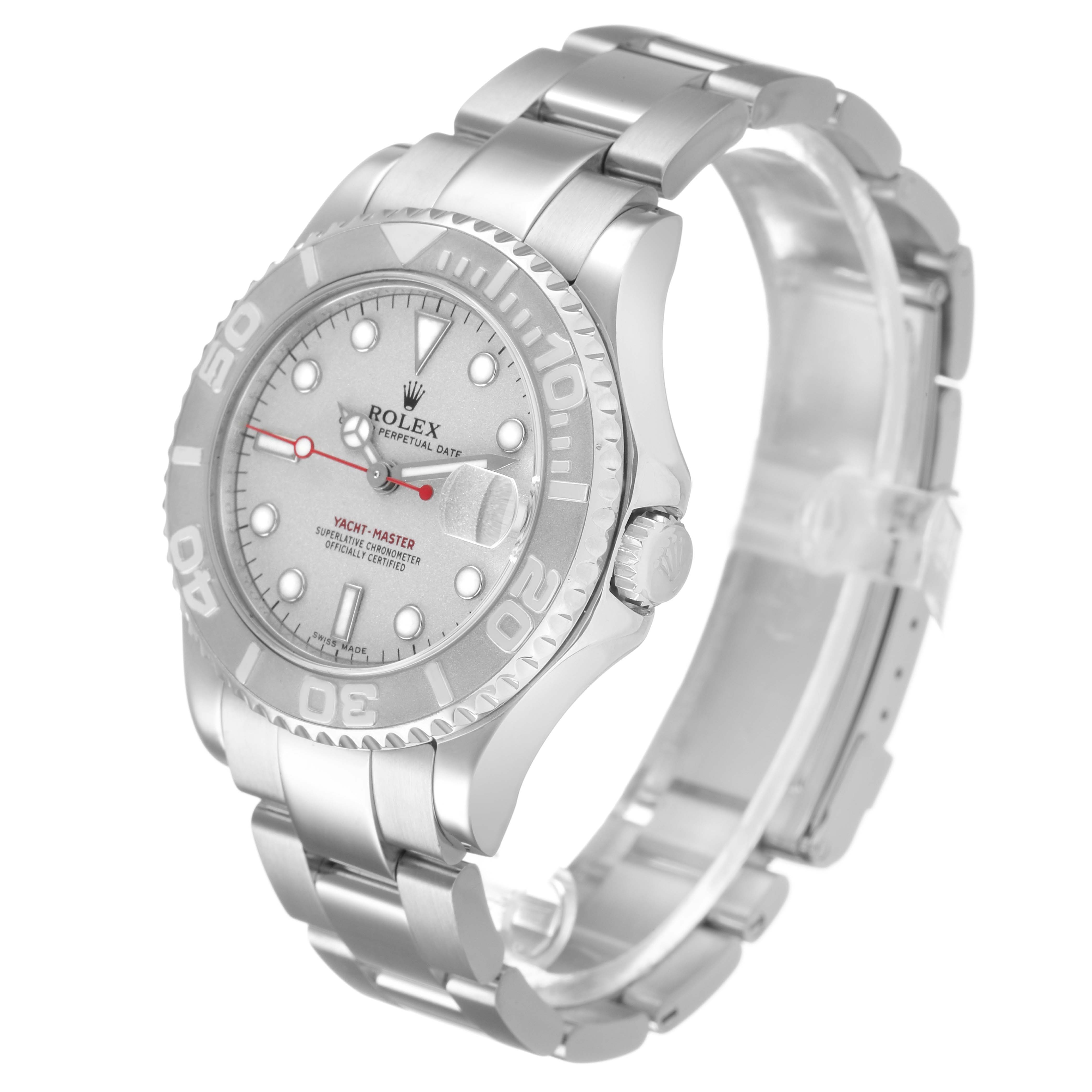 The Rolex Yacht-Master 168622 Men's Stainless Steel Silver Dial watch is shown at a three-quarter angle, displaying the face, bezel, crown, and metal bracelet.