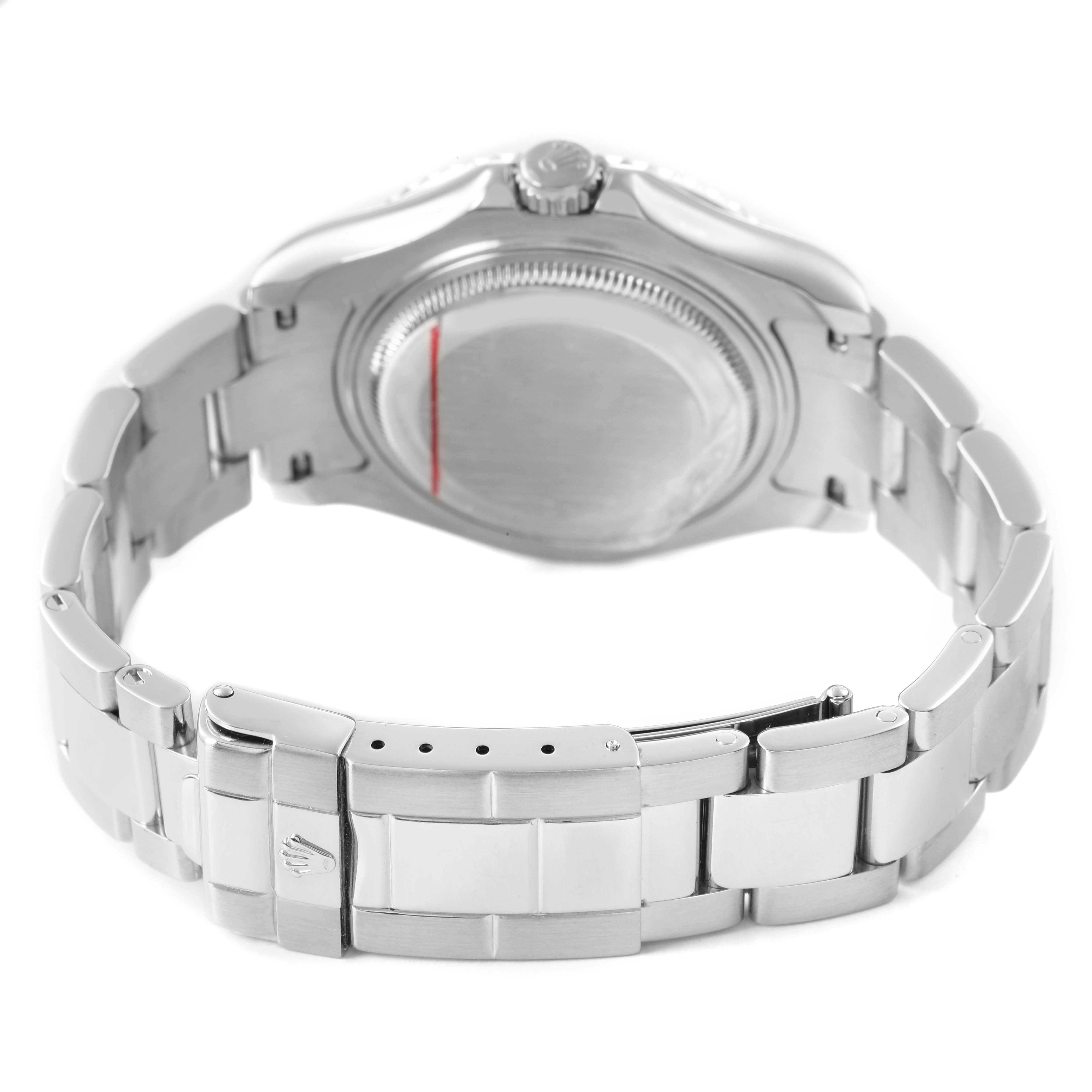 The image shows the back and bracelet of a Rolex Yacht-Master 168622 Men's Stainless Steel Silver Dial, highlighting its clasp and case back.