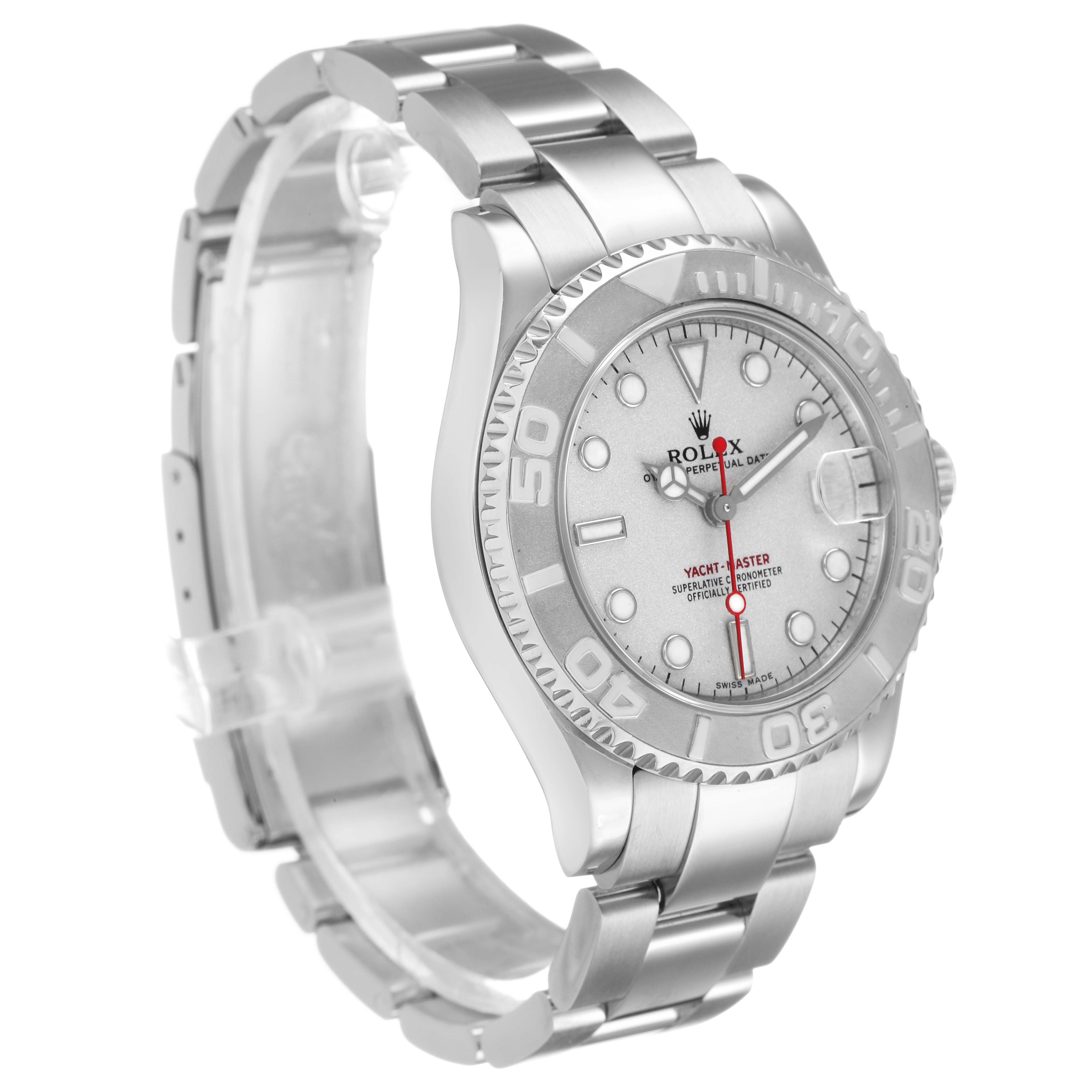 The Rolex Yacht-Master 168622 Men's Stainless Steel Silver Dial is shown at an angled side view, highlighting the face, bezel, and bracelet.