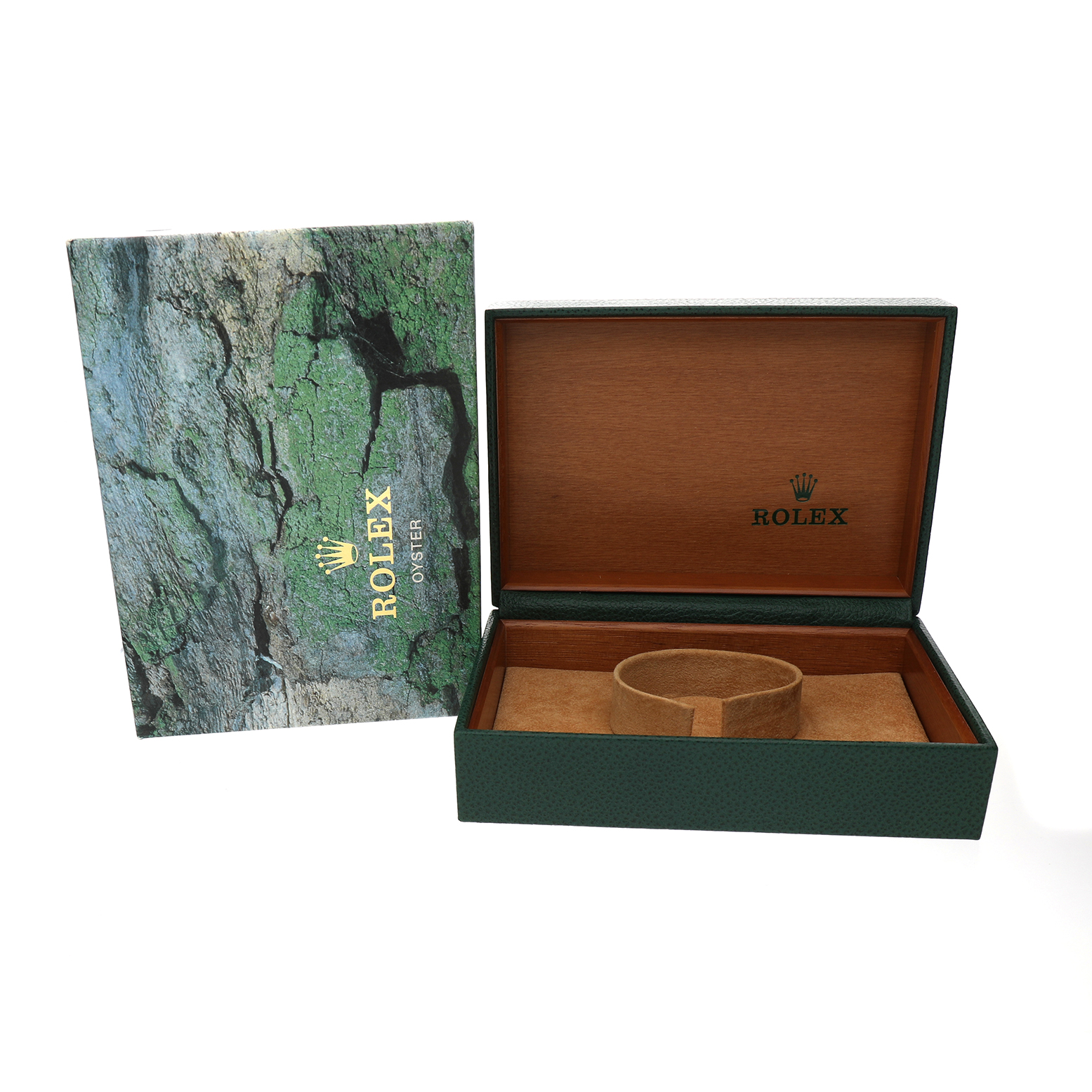 The image shows an open Rolex watch box for the Yacht-Master model, with a green exterior and wooden interior.