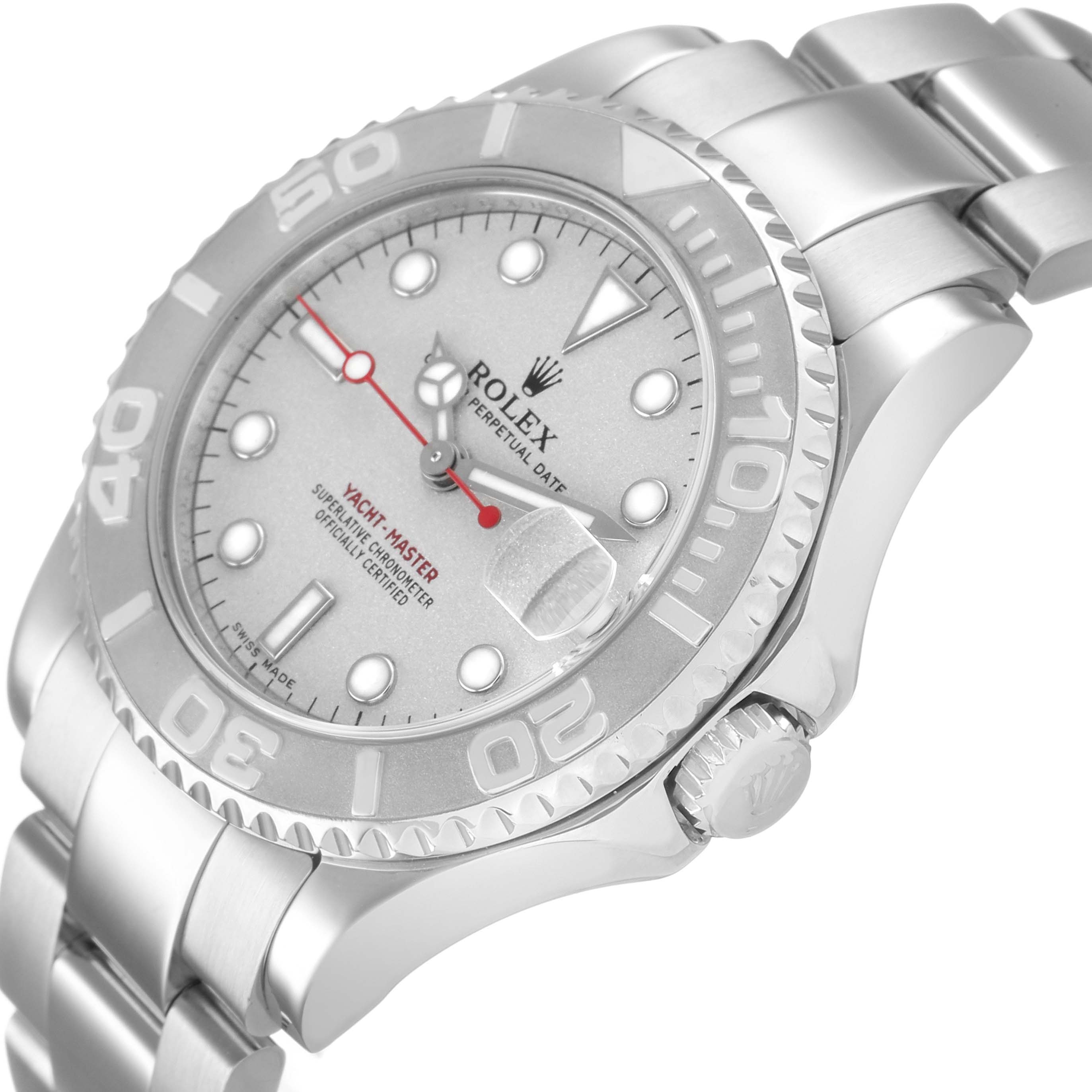 The Rolex Yacht-Master 168622 Men's Stainless Steel Silver Dial watch is shown from a side angle, highlighting the bezel, dial, and bracelet.