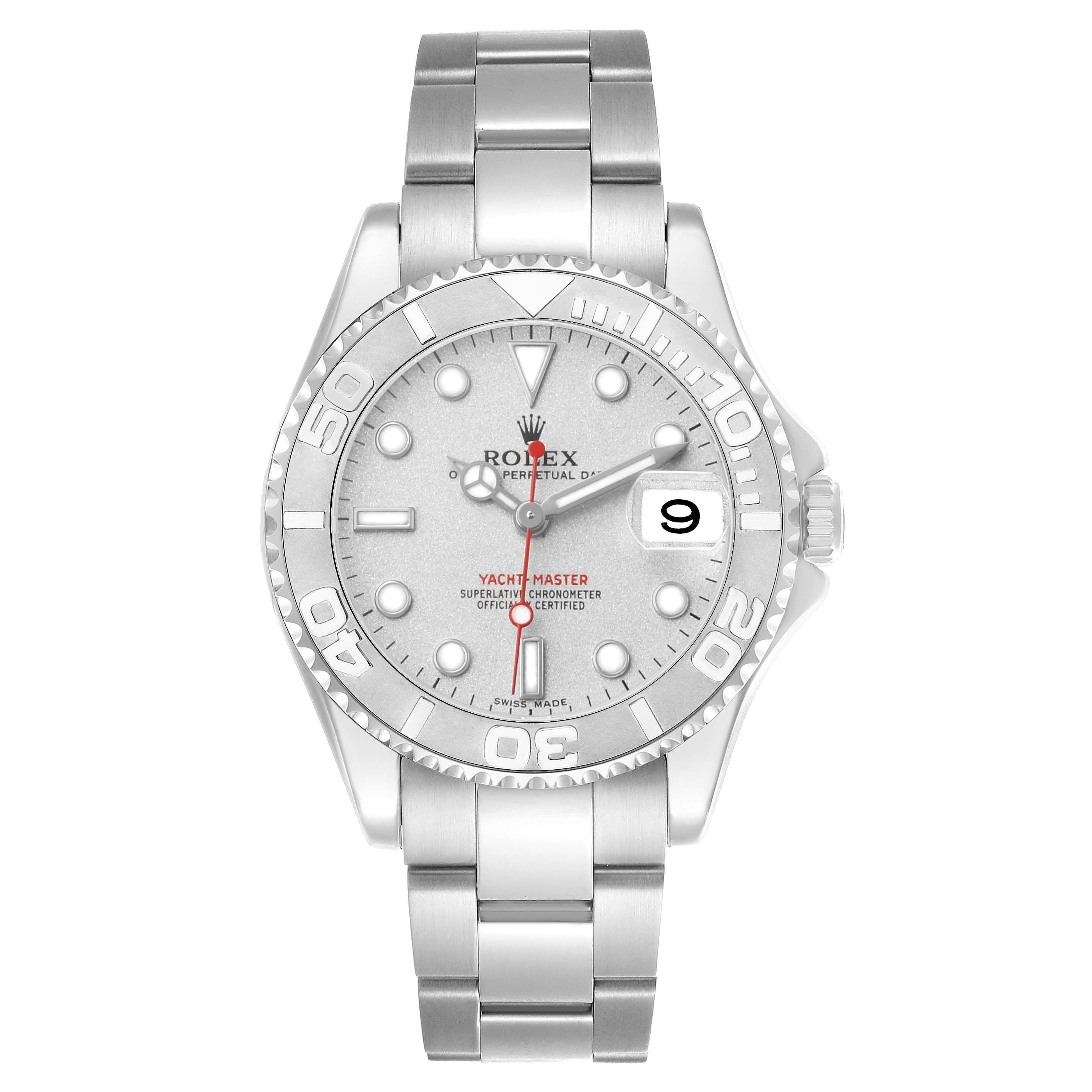 The Rolex Yacht-Master 168622 Men's Stainless Steel Silver Dial watch is shown from a front view, highlighting the face, bezel, and bracelet.