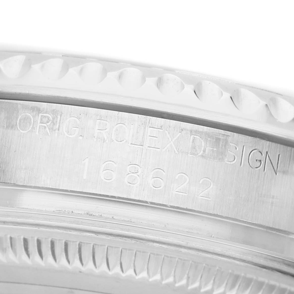 The image shows the engraved side of the case of a Rolex Yacht-Master 168622 Men's Stainless Steel Silver Dial watch, including the model number "168622."