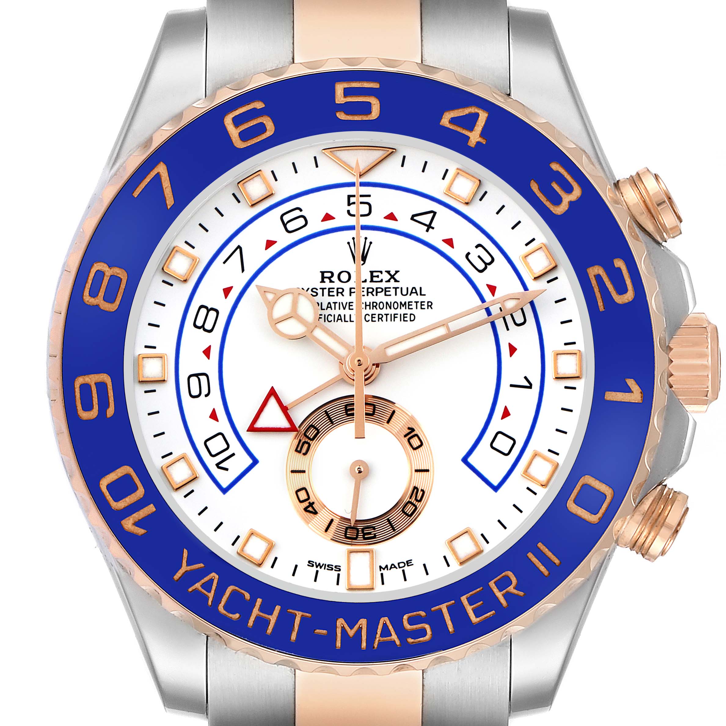 The Rolex Yacht-Master 116681 Men's Steel and Gold (two tone) White Dial 116681 Men's Steel and Gold (two tone) White Dial II watch is shown from above, highlighting its bezel, face, hands, and crown.