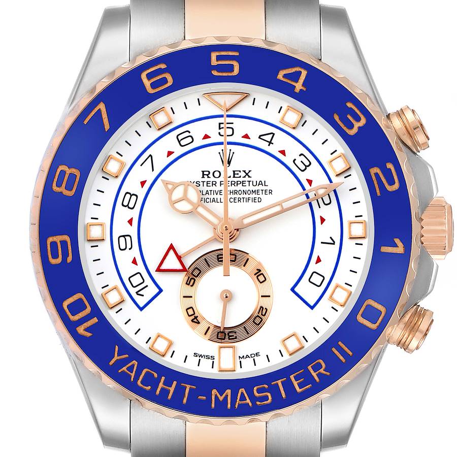 The Rolex Yacht-Master II watch is shown from above, highlighting its bezel, face, hands, and crown.