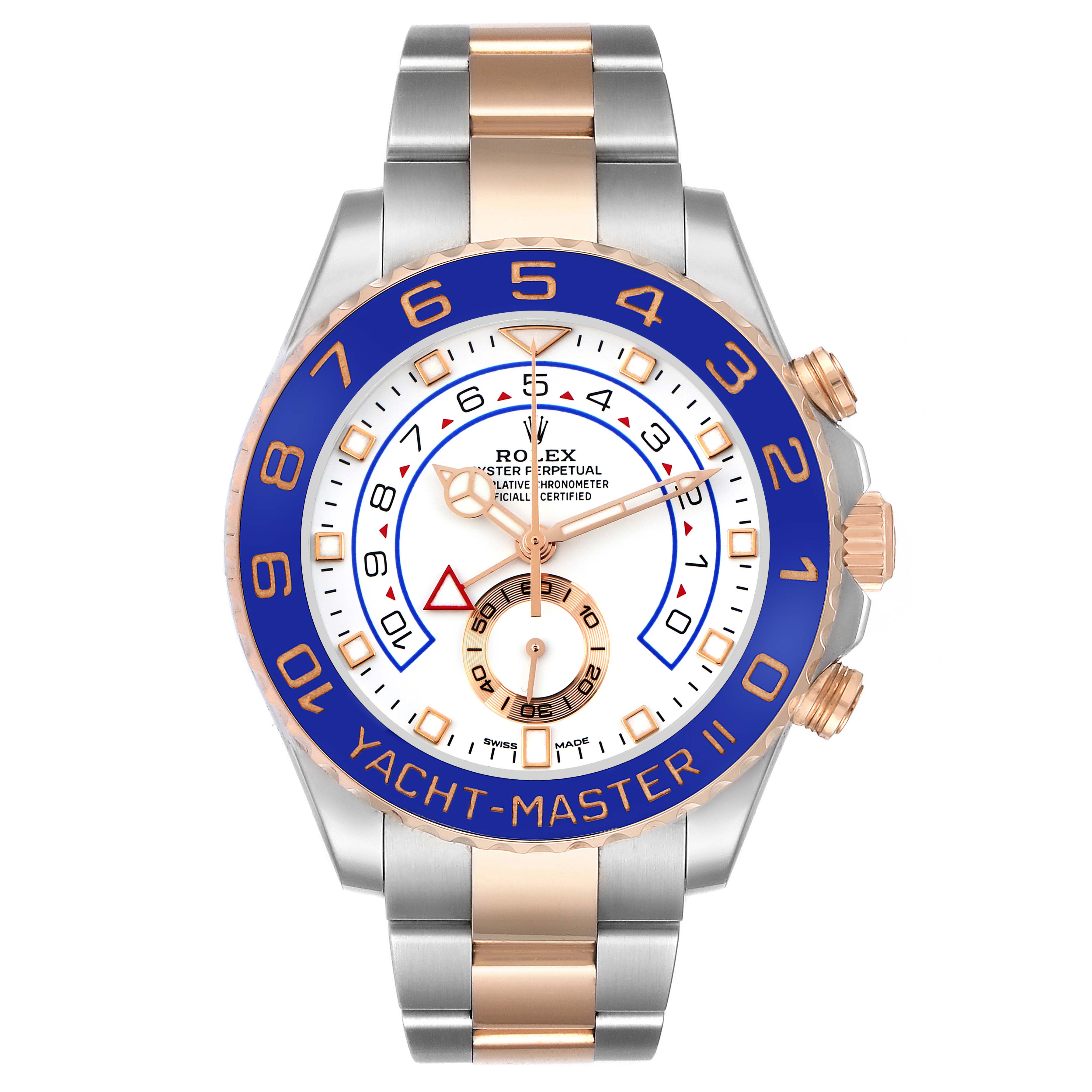 The Rolex Yacht-Master 116681 Men's Steel and Gold (two tone) White Dial 116681 Men's Steel and Gold (two tone) White Dial watch is shown from the front, displaying its face, bezel, and two-tone bracelet.
